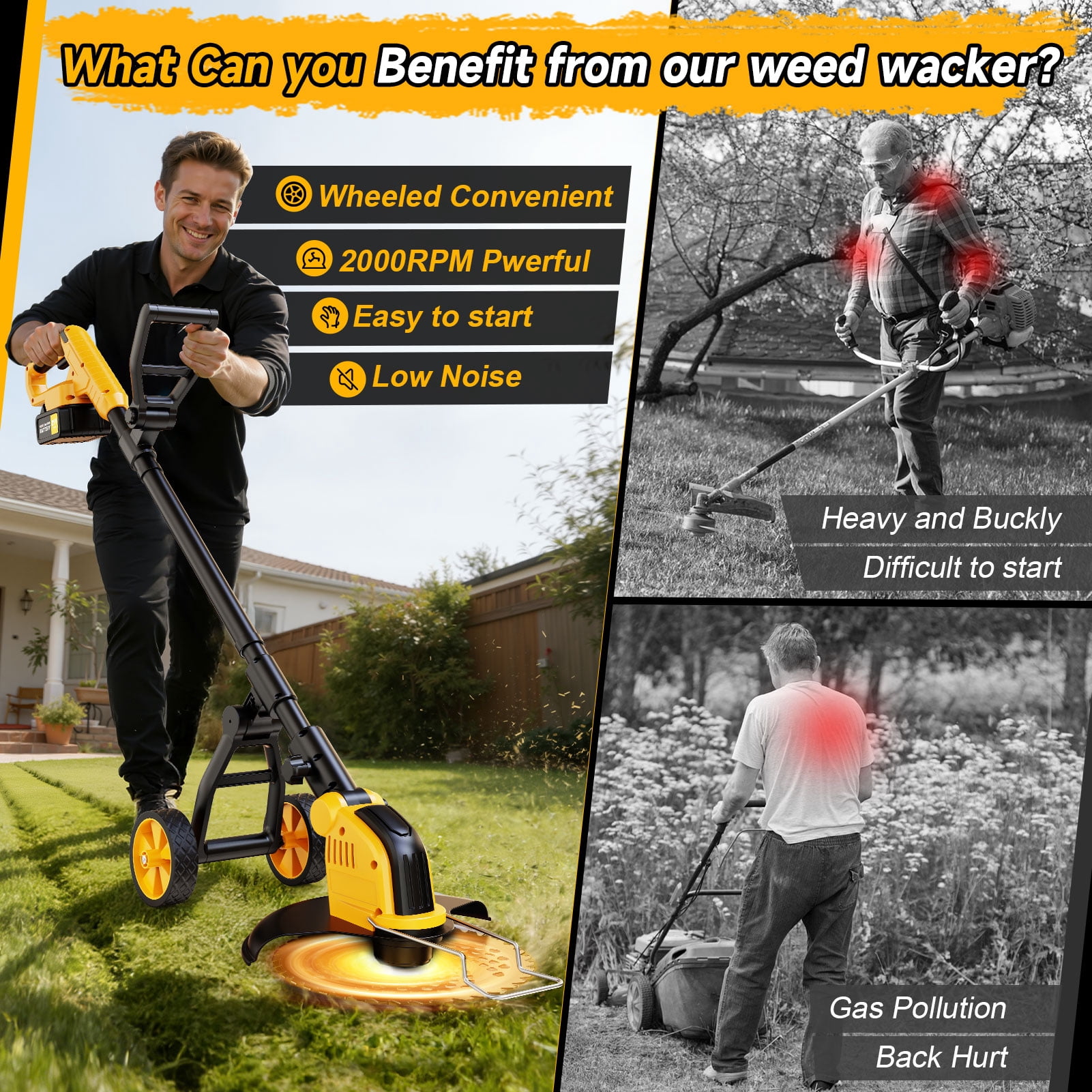 Lemolifys 12-inch Cordless Brushless Weed Eater with Wheels and 5 Blades (Yellow, 21V Battery) b80p4