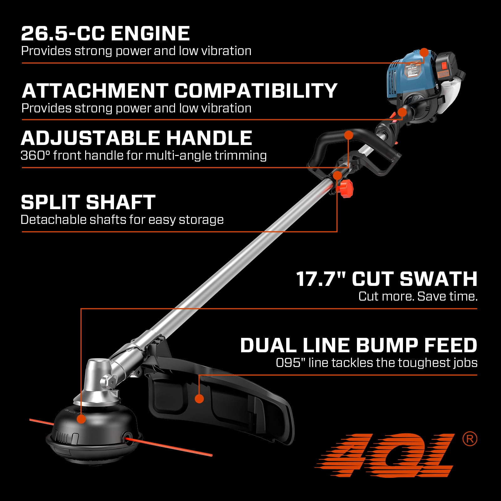 Senix 26.5cc 4-Cycle Gas String Trimmer, 17.7 in Cutting Width, Straight Shaft Weed Eater (12 lb) kshyu