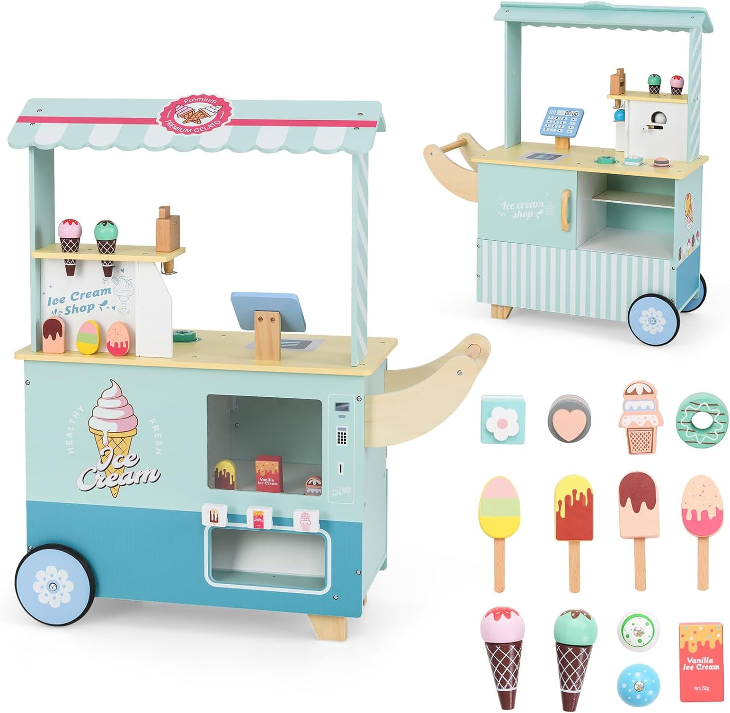 Olakids Wooden Grocery Store Marketplace Toy, Pretend Play Market Stand with Cash Register and 30 Accessories (Green, 35 in x 24 in x 45 in) f68wx