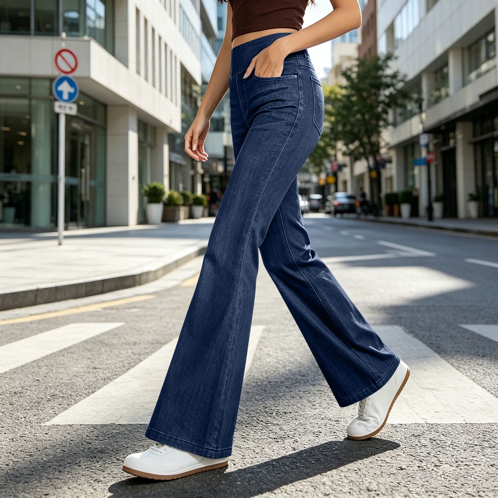 MYAOYI Women High Waist Flare Jeans Stretchy Denim Casual Pants (Blue, S) 8e8ei