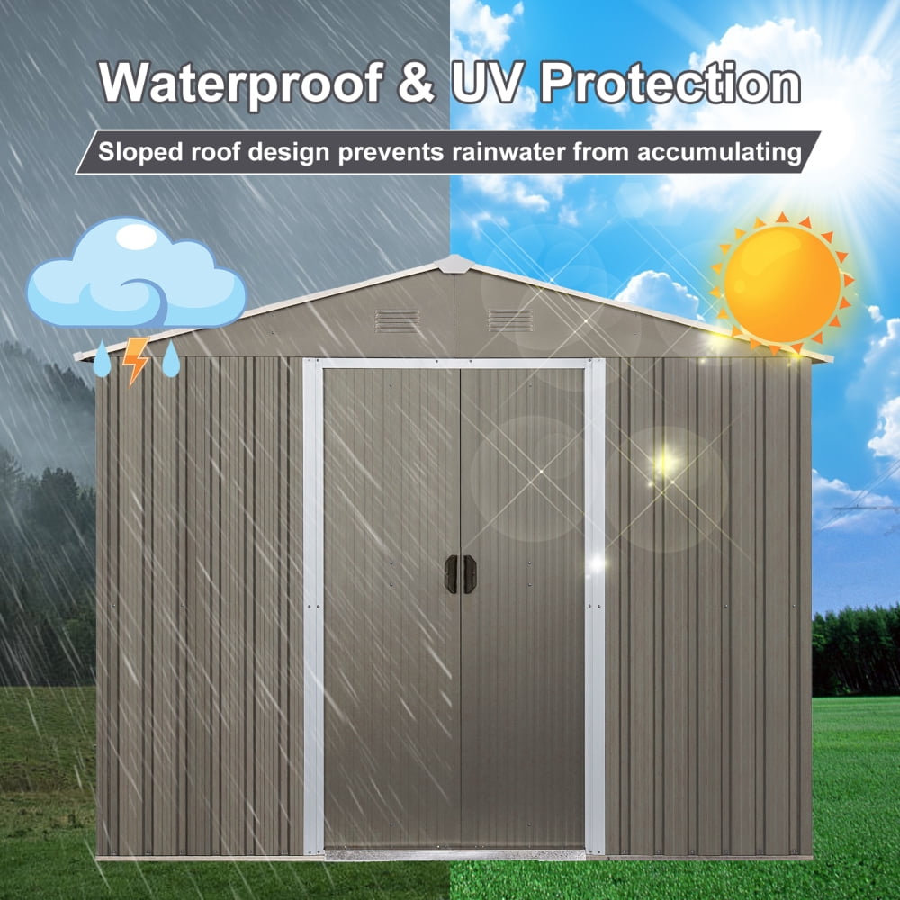 Generic Metal Storage Shed with Steel Foundation, Heavy-Duty All-Weather Outdoor Garden Equipment Organizer (Grey, 8x10 ft) pda12
