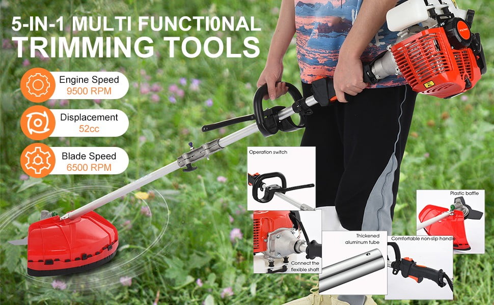 Floseru 5-in-1 Gas String Trimmer and Brush Cutter, 52cc 2-Cycle Engine, Multi-Functional Yard Tool (Red, 1 Unit) 1z2bx