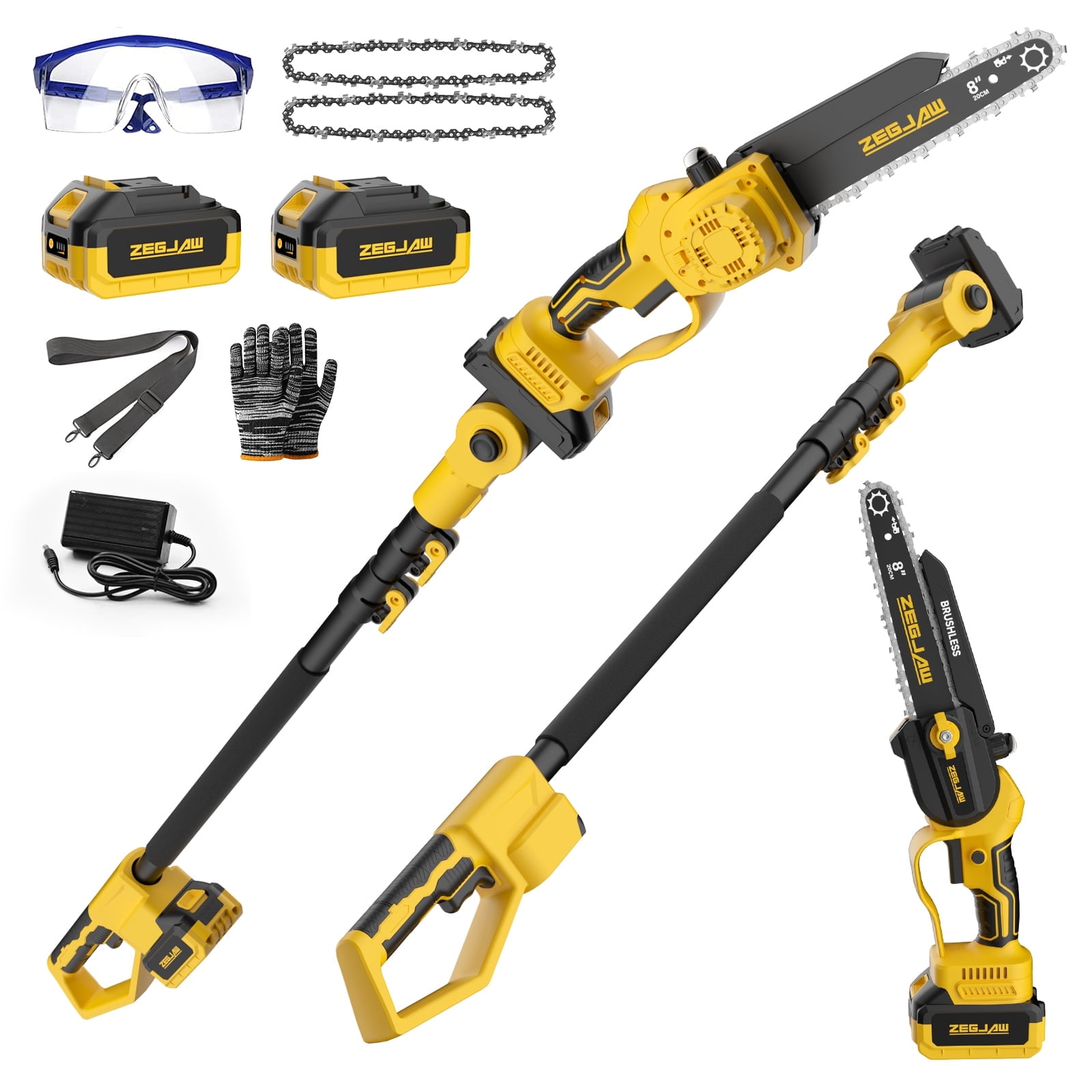 ZEGJAW 2-in-1 Cordless Pole Saw and Mini Chainsaw, 21V 8-Inch Electric Tree Trimmer with Telescopic Pole (14 ft Reach, 2 Batteries Included) skkzh