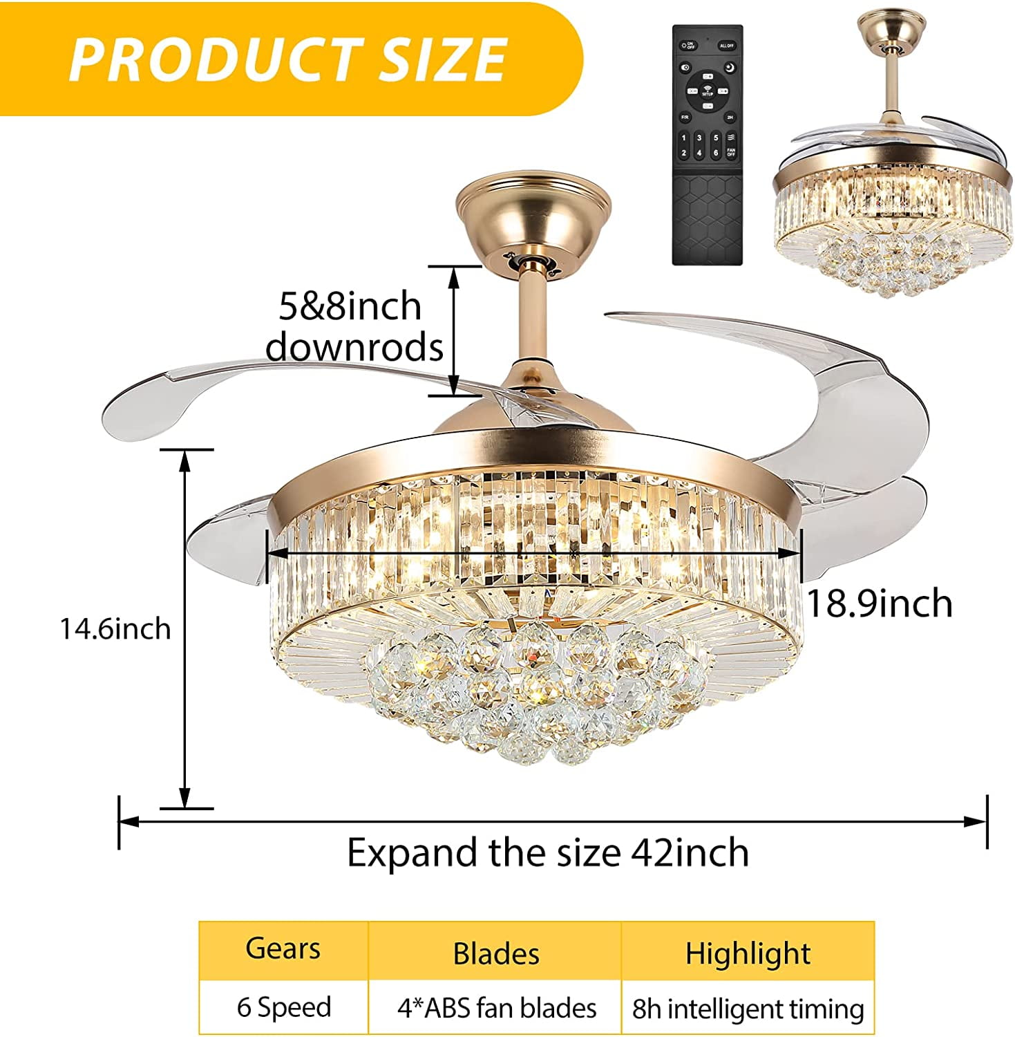 Datingday 42 in Crystal Ceiling Fan Chandelier with Remote (Gold, 42 in) exti6