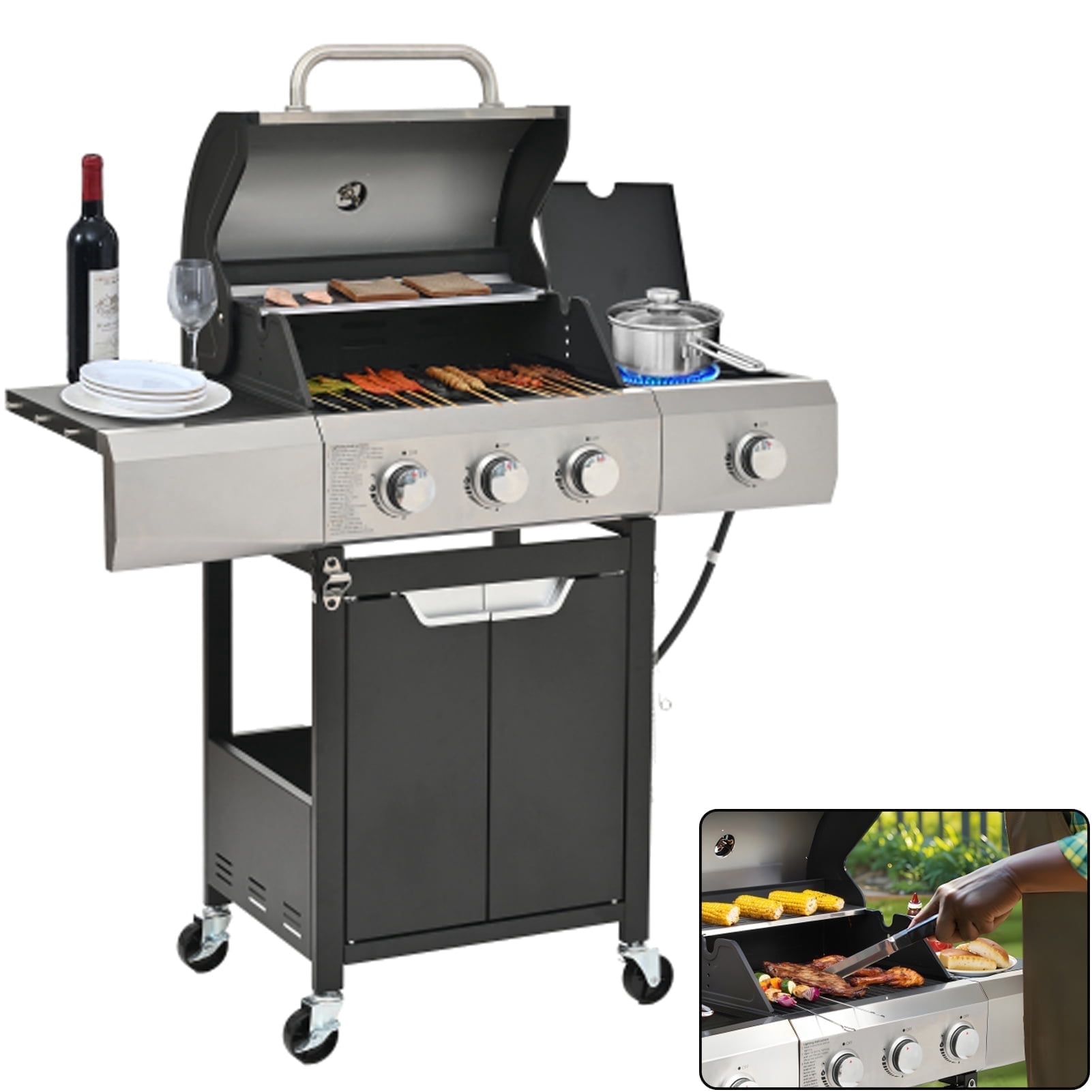 XXLYY 4-Burner Propane Gas Grill with Side Burner and Rain Cover, Stainless Steel Outdoor BBQ Grill (Black, 465 sq in) wrgyr