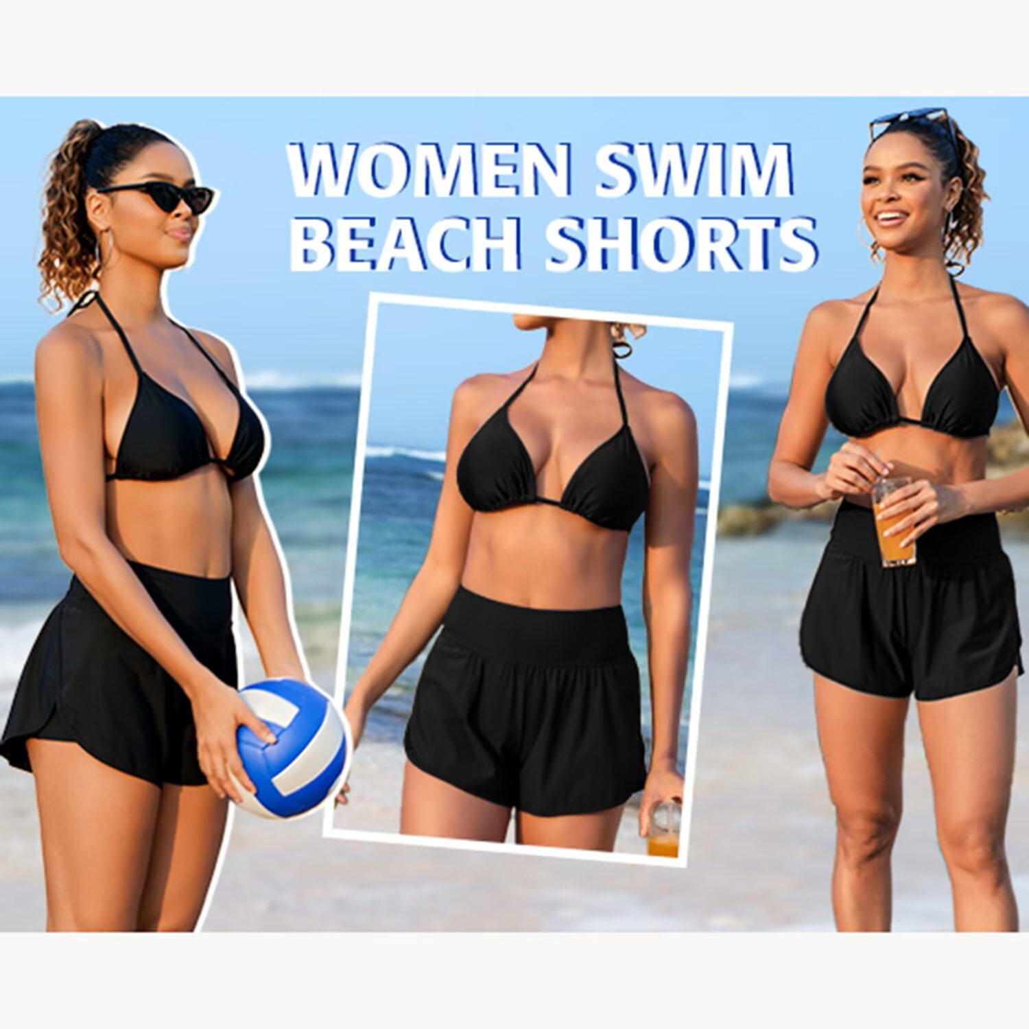 Charmo Womens High Waisted Sport Swim Shorts with Pockets and Mesh Lining (Black, S) 4rifr