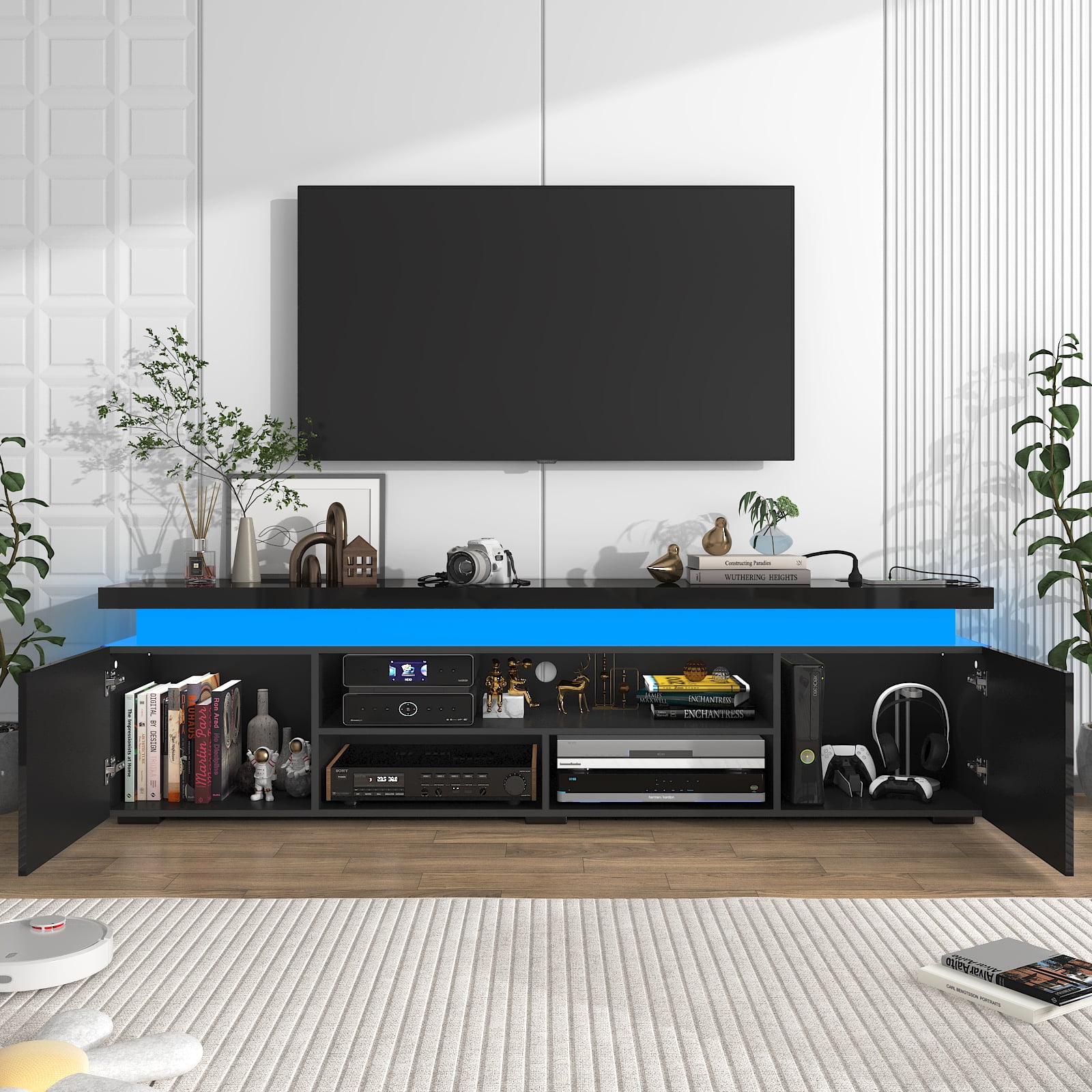 Chvans LED TV Stand for 85 in TVs with Power Outlet and RGB Lighting (Black, 75 in) 0xixa