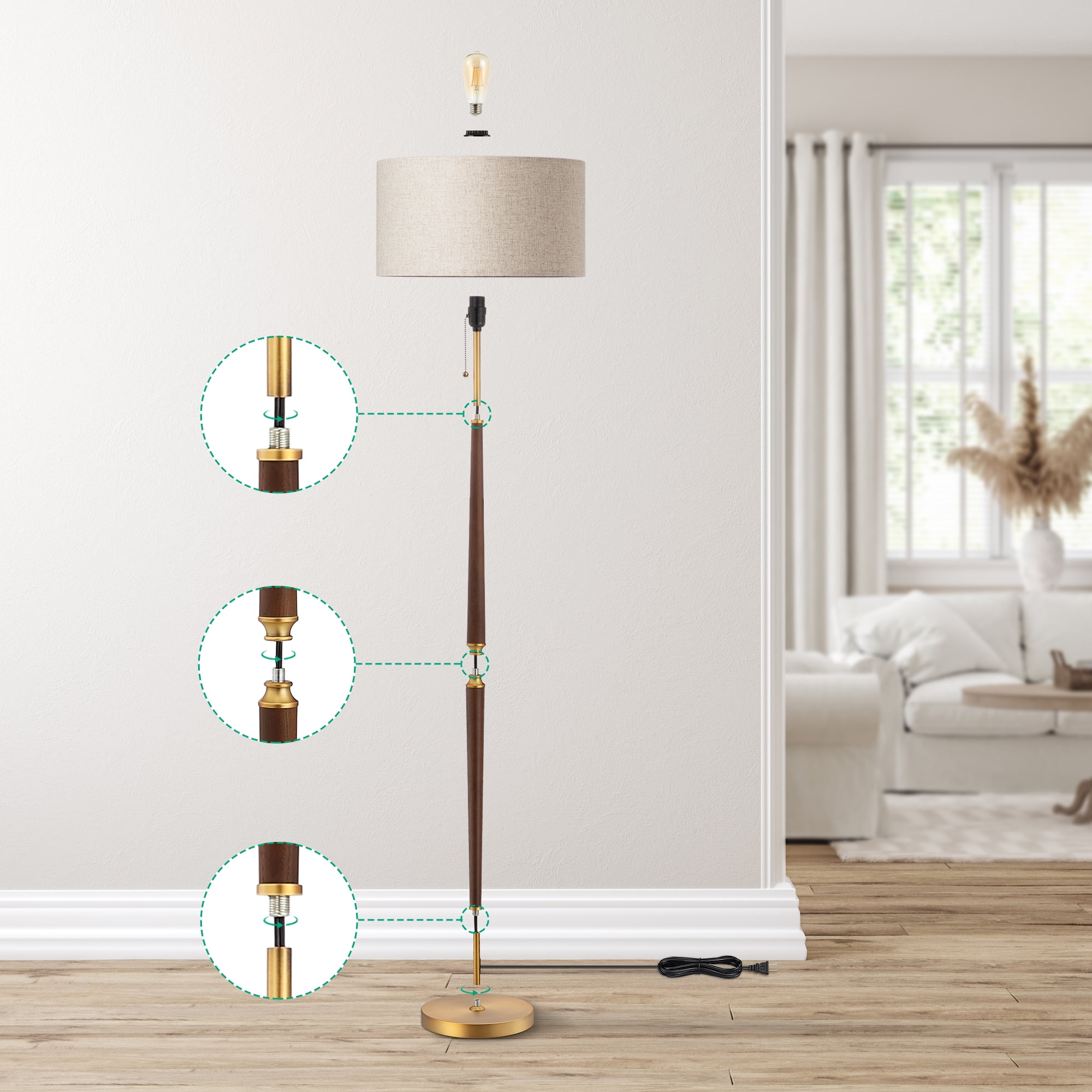 EDISHINE Vintage Floor Lamp for Living Room, Mid-Century Modern Standing Light with Chain Switch (Gold, 62 in) 4fxcu