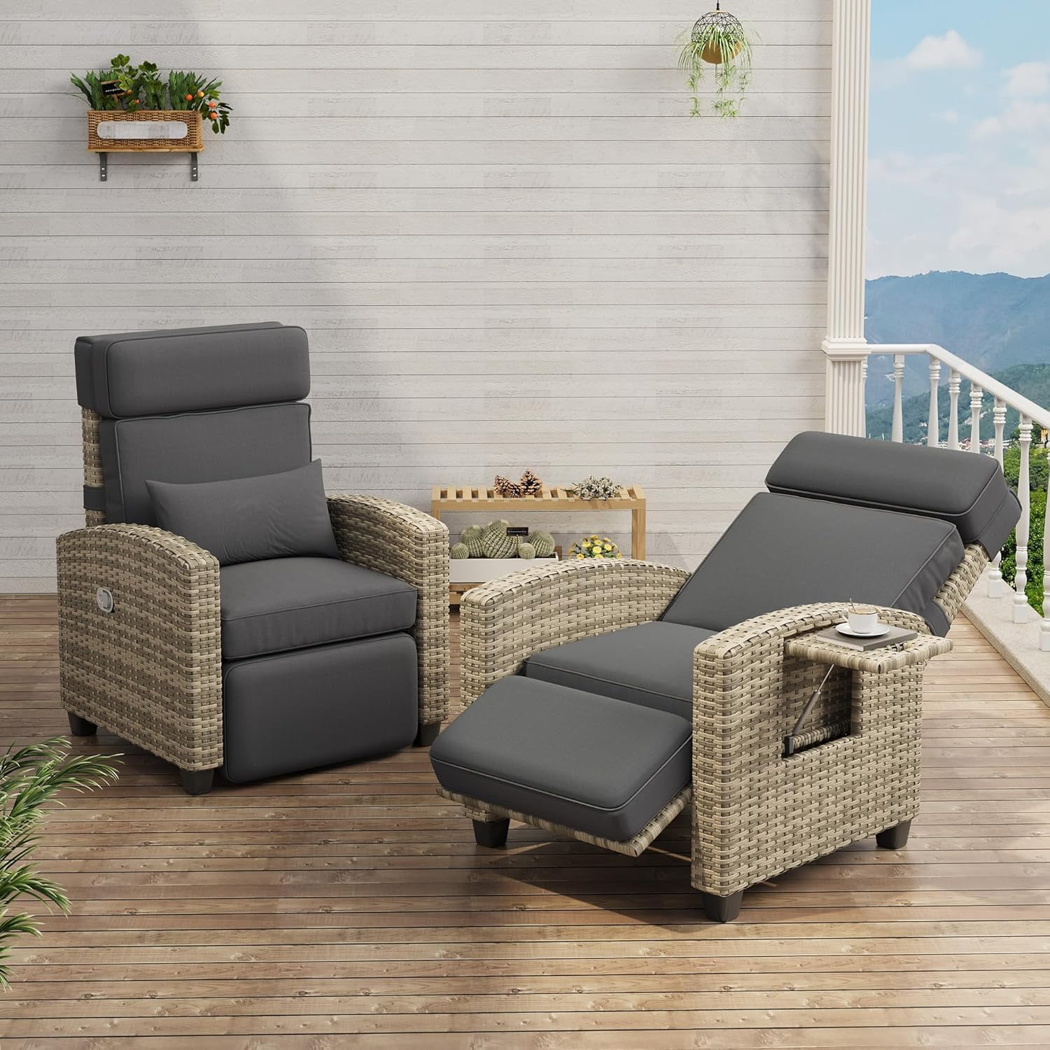 Homhougo Outdoor Rattan Recliner Chair Set (2-Piece, Grey, Adjustable 150° Lay Flat Lounge with Side Table) l8vku