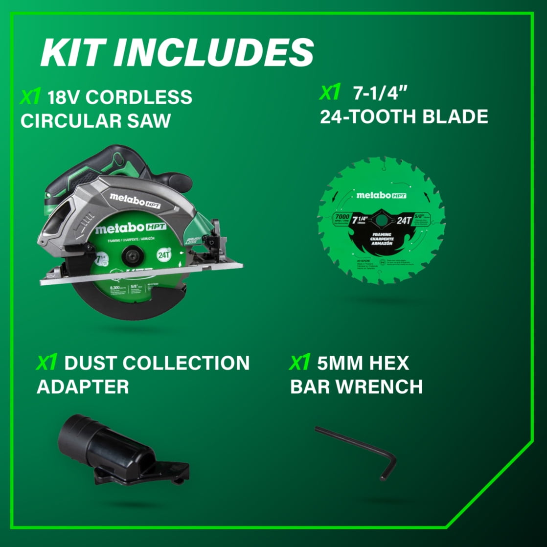 Metabo HPT 18V Cordless Circular Saw, Brushless Motor, 7-1/4-In Blade, Tool Only (C1807DAQ4) xqlzh