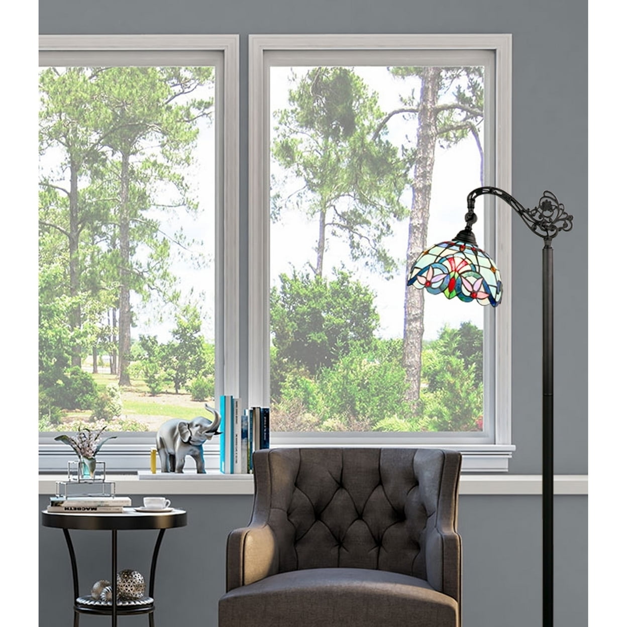 CHLOE Lighting GRENVILLE Victorian Style Reading Floor Lamp with Stained Glass Shade (Dark Bronze, 11 in) 6g8xb