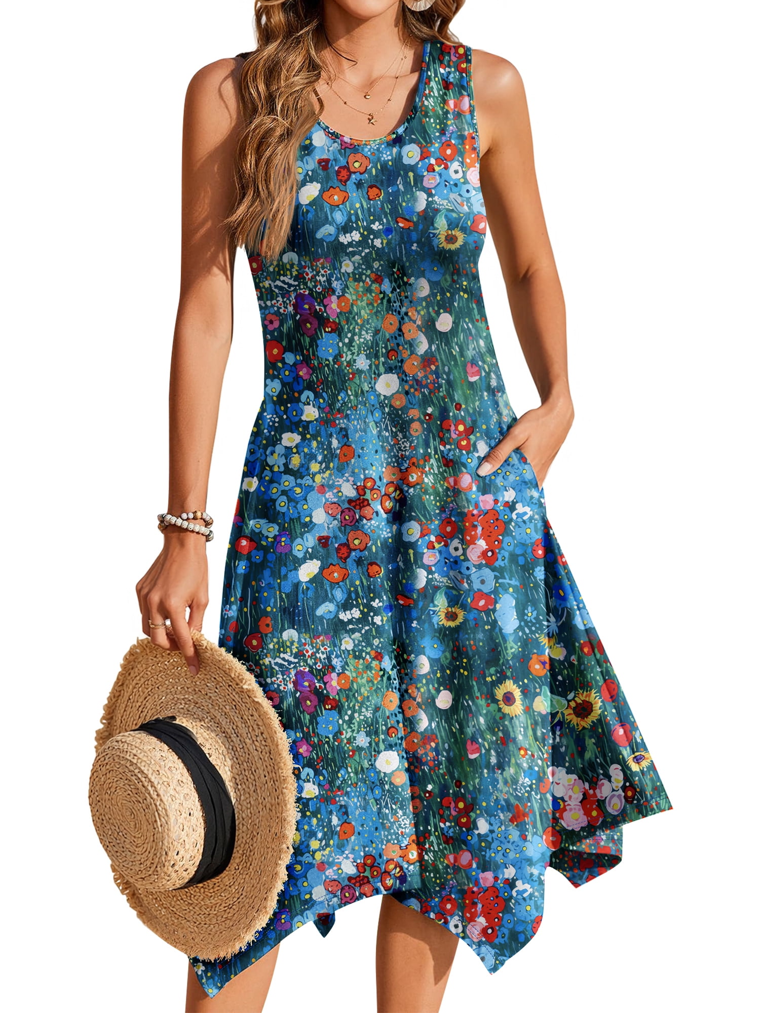 Fantaslook Floral Tank Dress for Women Sleeveless Asymmetrical Hem Sundress with Pockets (Blue, L) myn9q
