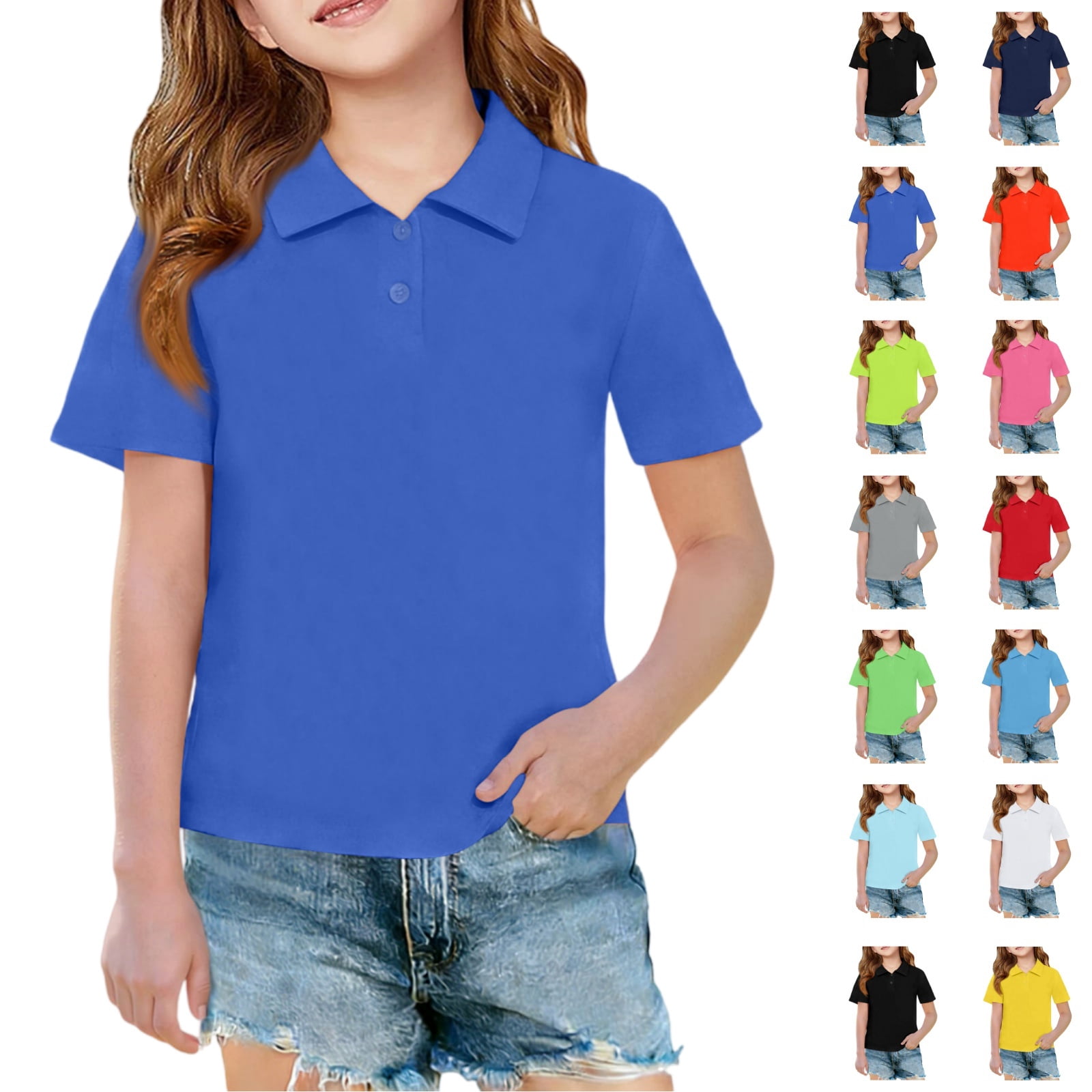 YOUYEDIAN Girls Short Sleeve Polo Shirt Kids Collared Button Down School Uniform Top (Blue, 4-5 Years) me2fs