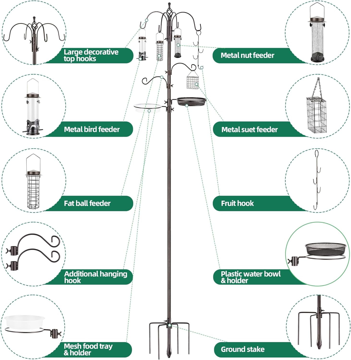 Urban Deco Bird Feeding Station Kit with 6 Hanging Hooks and Bird Bath (Black, 88.6 in) ncchl