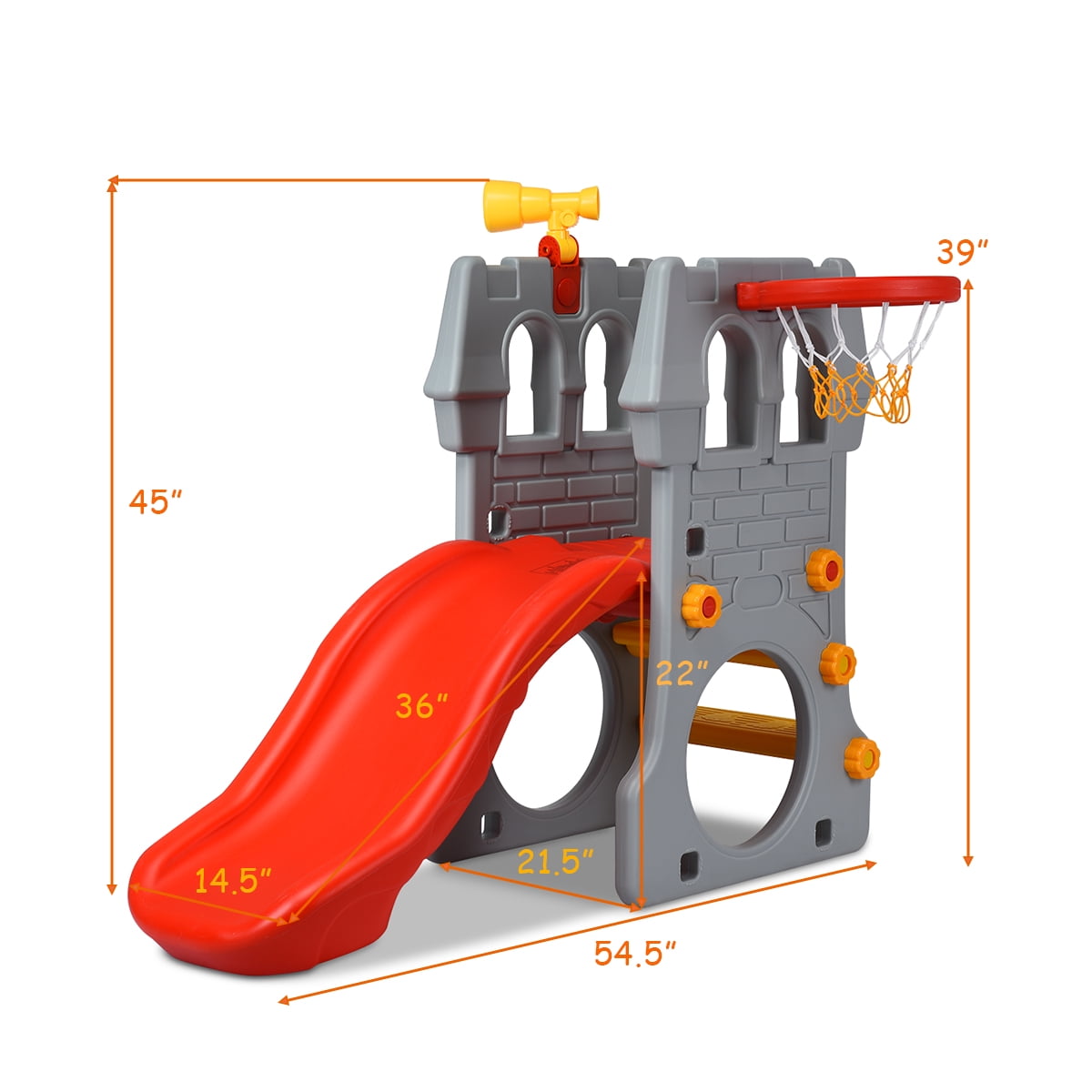 Costway Kids Castle Play Slide with Basketball Hoop and Telescope (Red, 54.5 in x 36.5 in x 45 in) fgnss