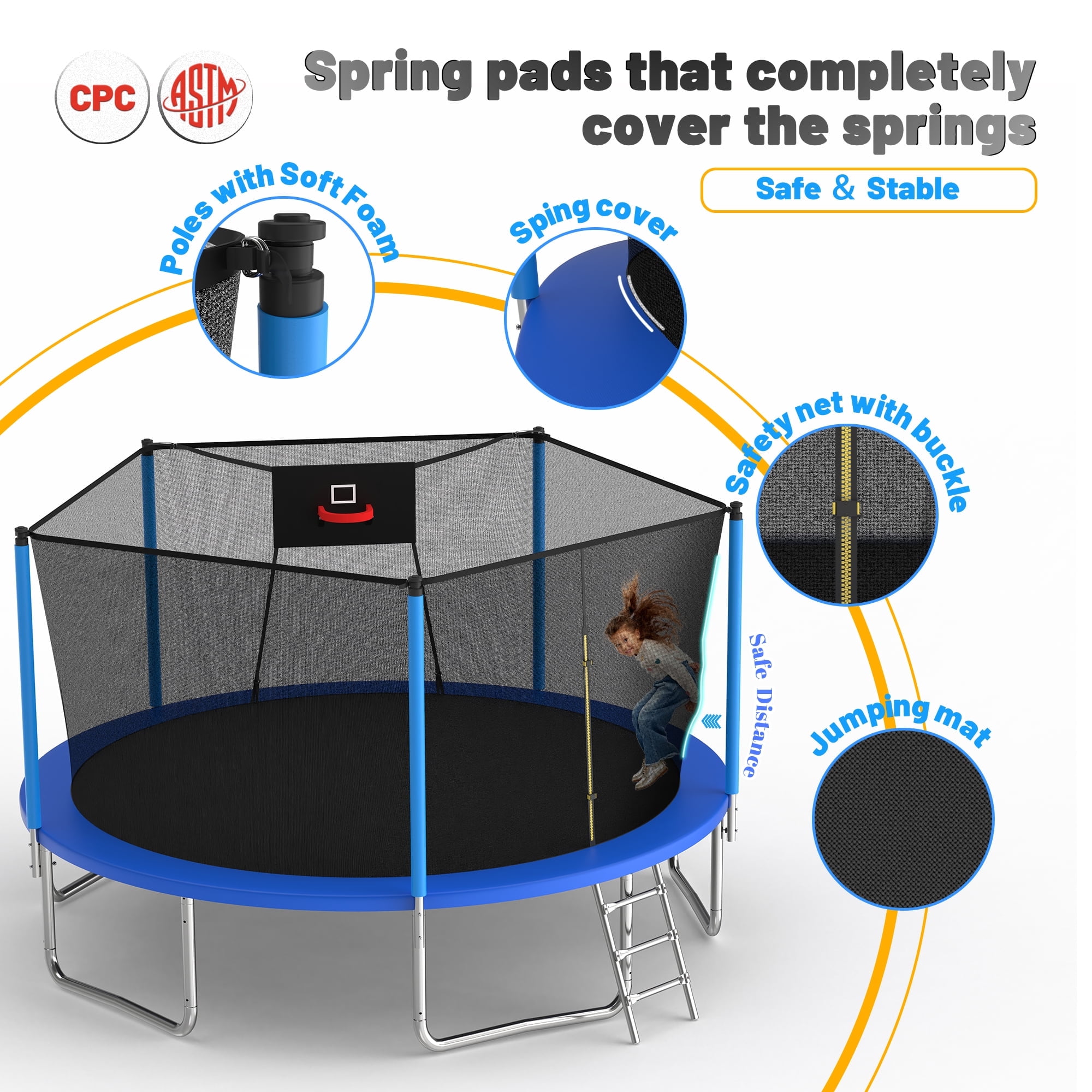 Mersco 14ft Outdoor Backyard Trampoline with Basketball Hoop, Enclosure Net, and Ladder (Blue, 14 ft) r6mvk