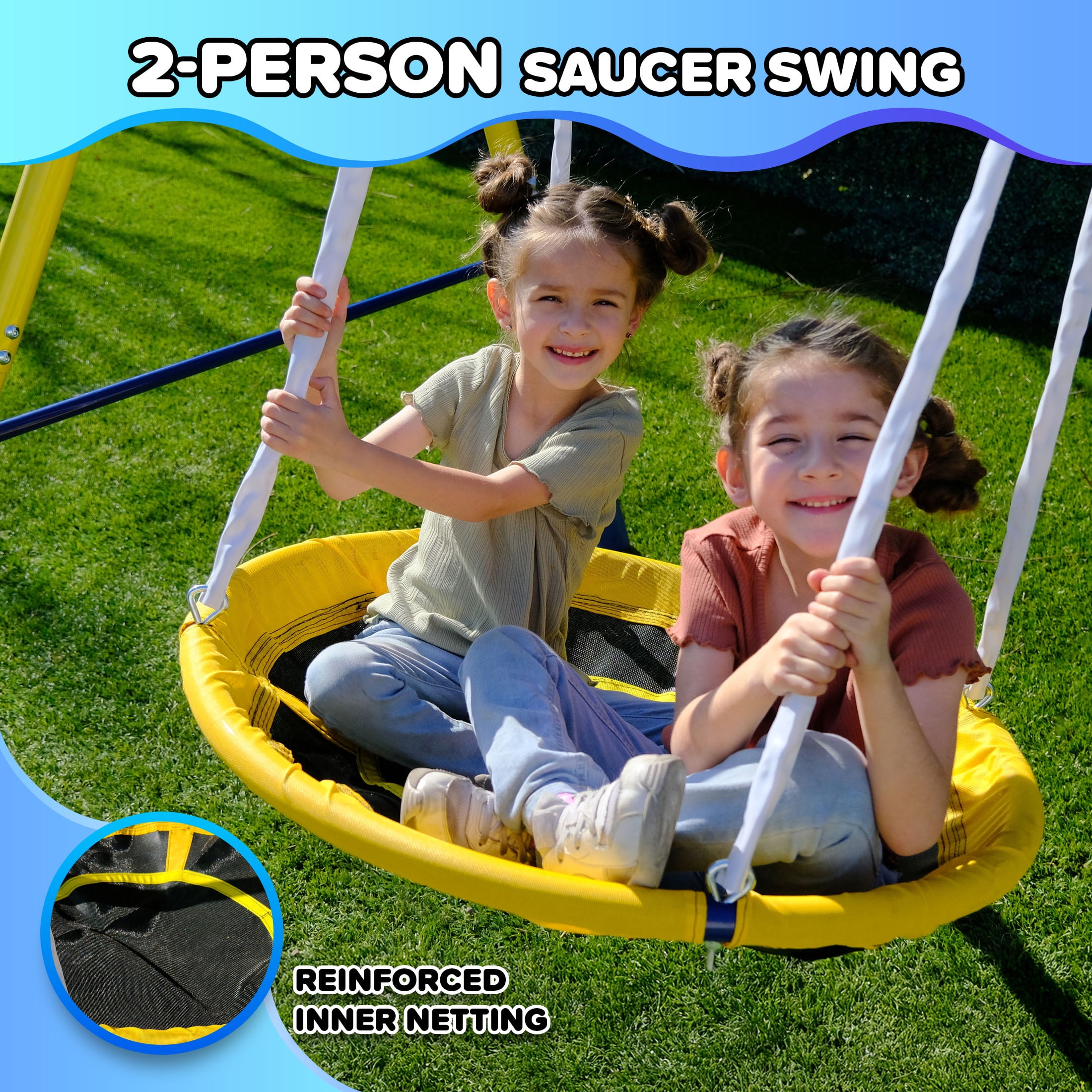 Sportspower Super Saucer Metal Swing Set with 2 Swings, 2-Person Saucer Swing, and 5 ft Slide (Blue, 12.2 ft L x 6 ft W x 5.9 ft H) xh31n