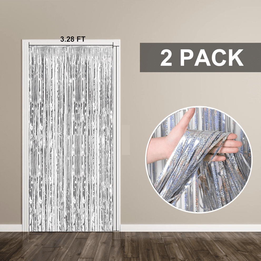 ECC Party Supply Silver Foil Fringe Door Curtain Backdrop (2 Pack, 8 ft x 3 ft) fuuhb