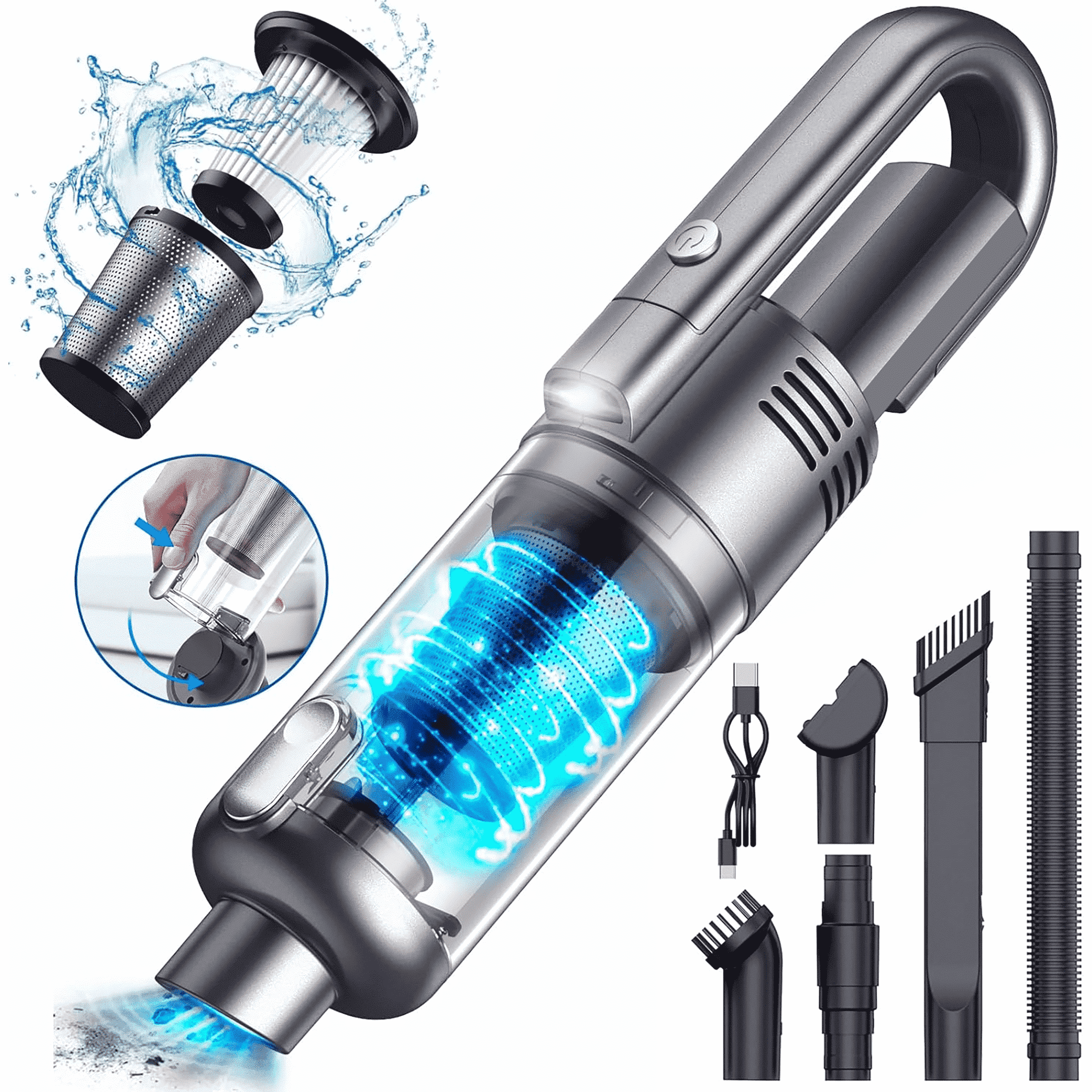 Simwal SV01 Cordless Handheld Vacuum, Powerful Suction Portable Car Cleaner with LED Light and HEPA Filter (Grey, 12V) 8yjoy