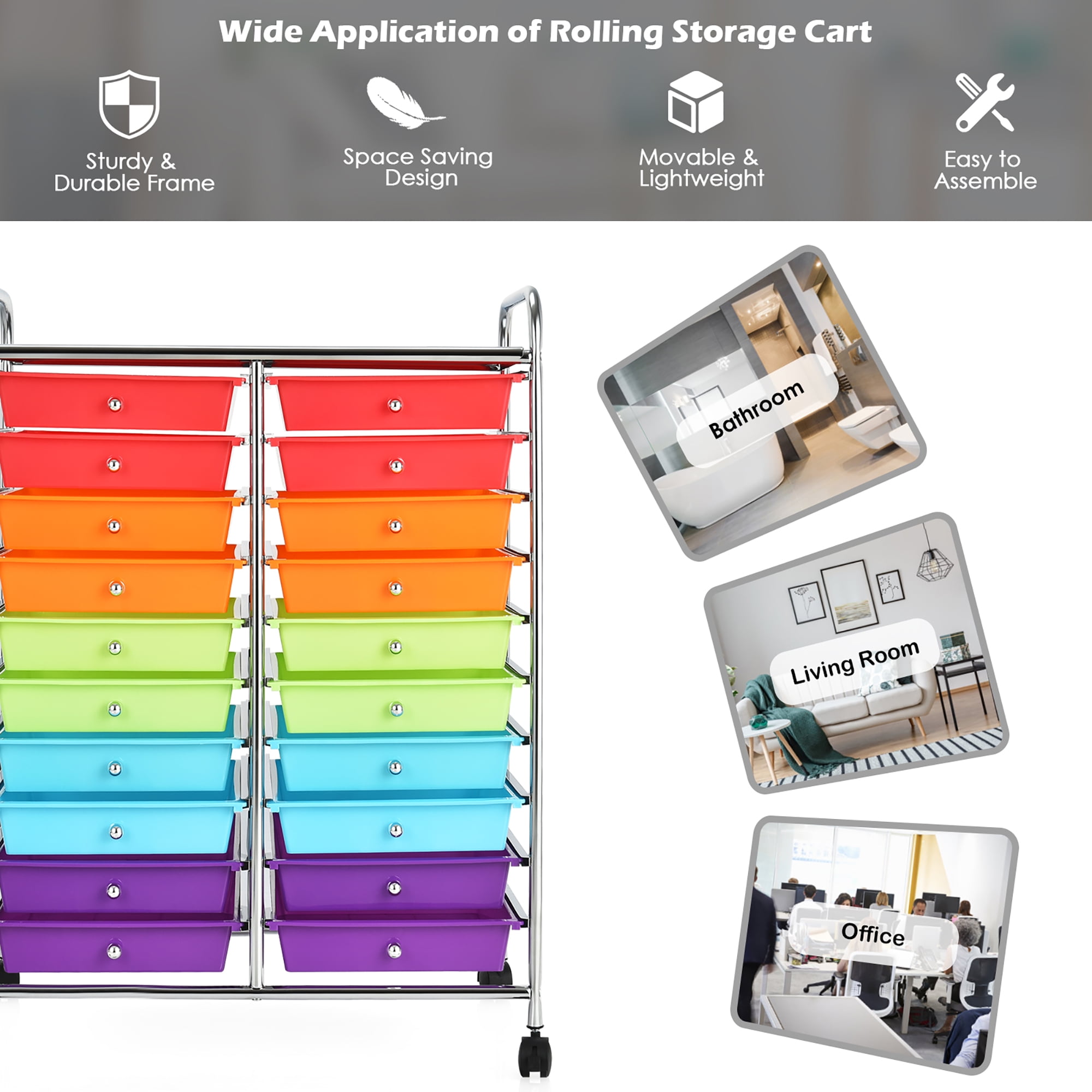 Costway 20 Drawer Rolling Storage Cart Organizer for Office Crafts and Tools (Multicolor, 20 Drawers) g1zft