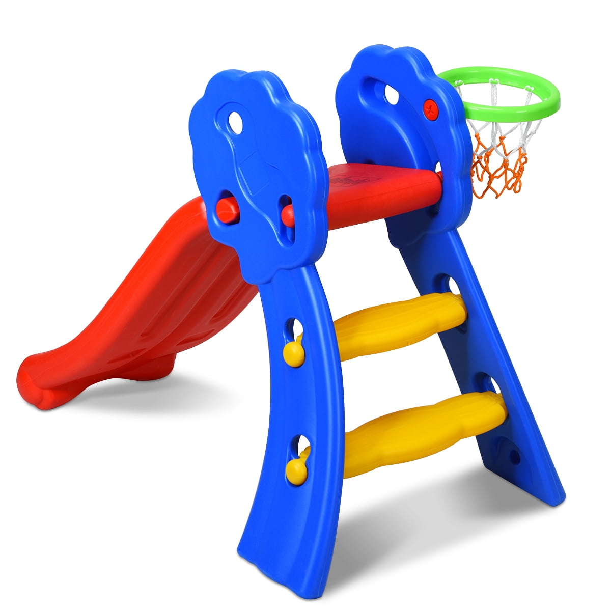 INFANS 2-Step Folding Slide with Basketball Hoop for Kids Indoor and Outdoor Play (Red) 39kw0