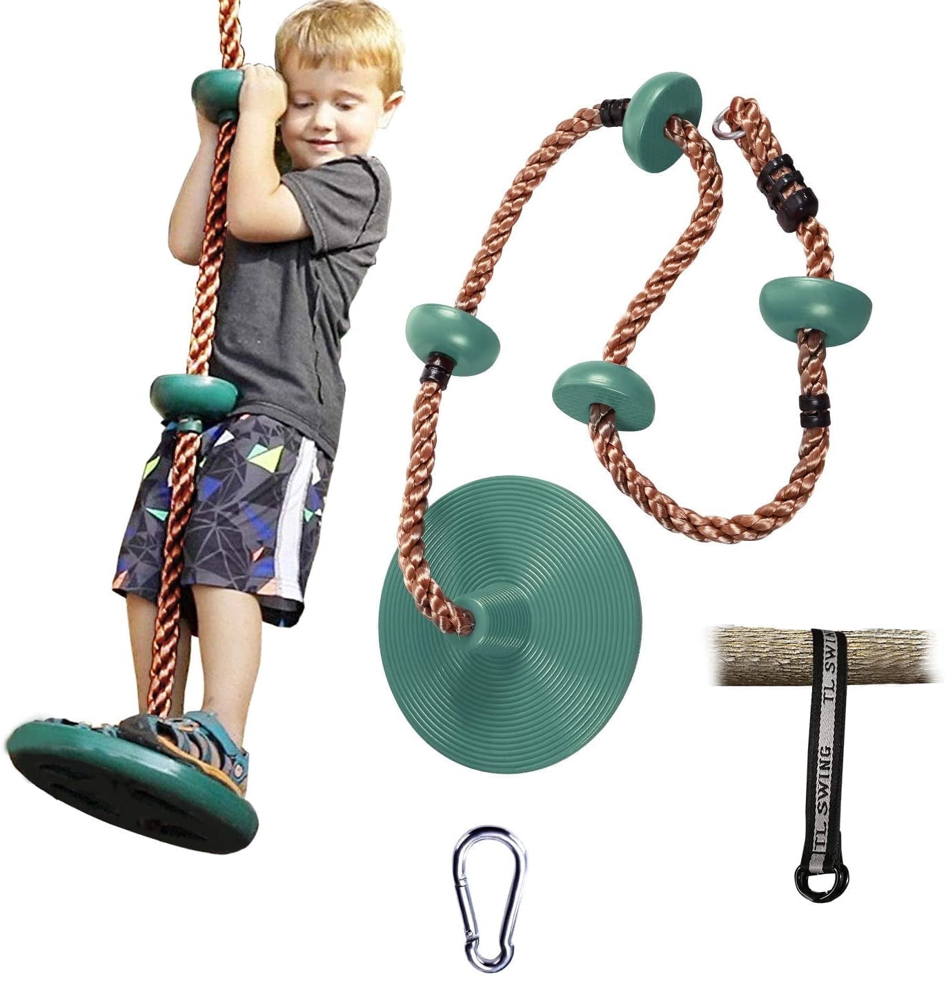 Redcamp Climbing Rope Disc Swing Set with Hanging Strap and Snap Hooks (Green, 6.5 ft) w8302
