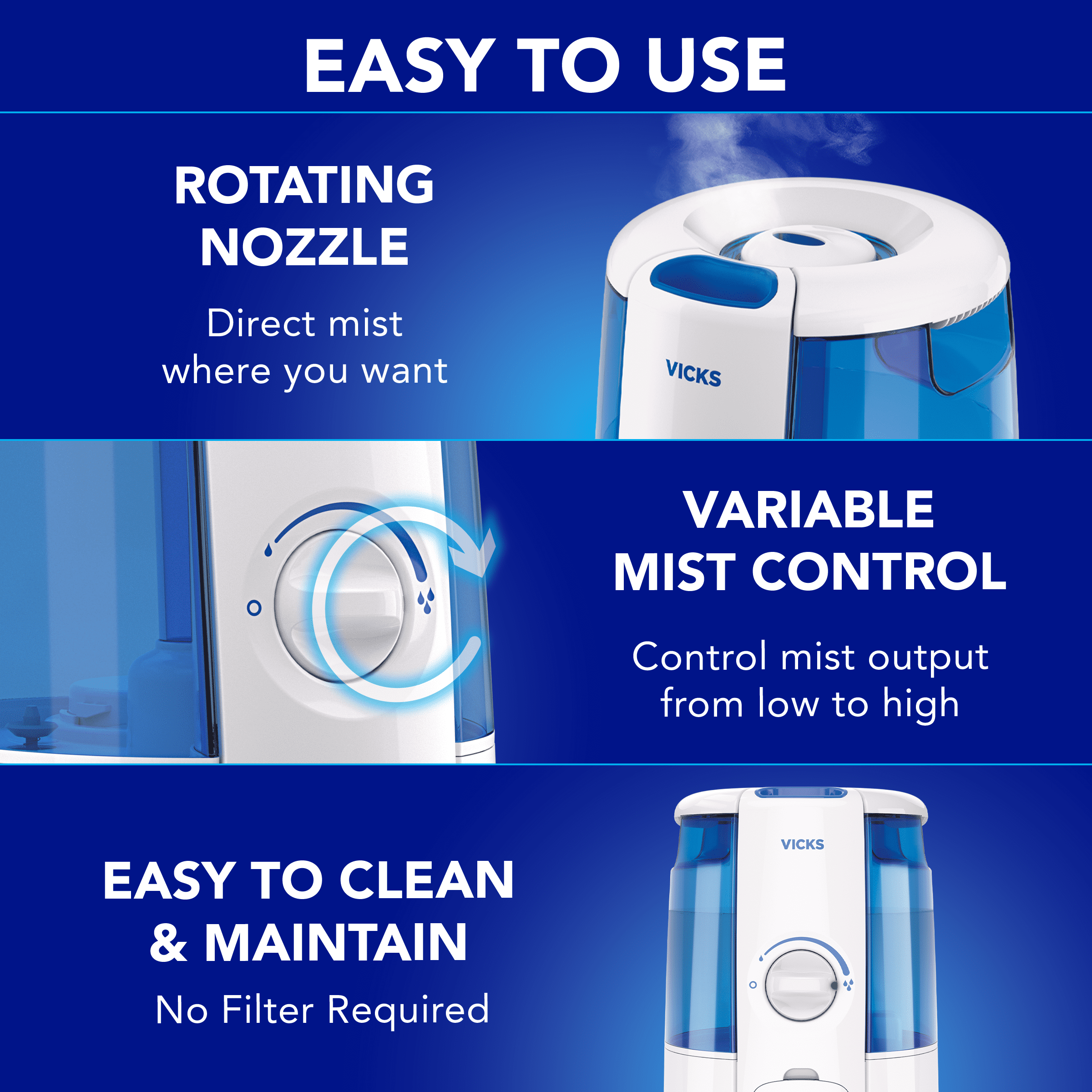 Vicks Cool Relief Ultrasonic Humidifier, Filter-Free Quiet Operation for Bedroom (White, 1.2 gal) v4wzq