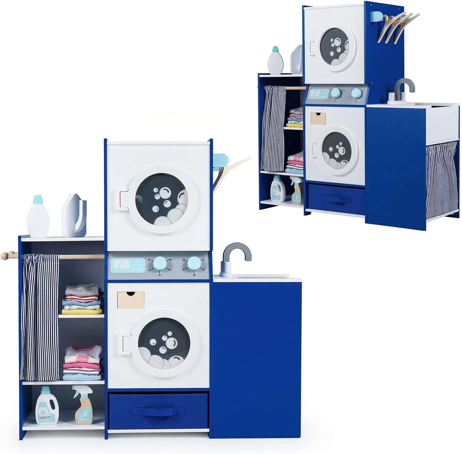 Olakids Kids Toy Washing Machine Playset, Wooden Pretend Laundry Center with Ironing Station and Accessories (Blue, 35 in x 12 in x 36 in) zg9cy