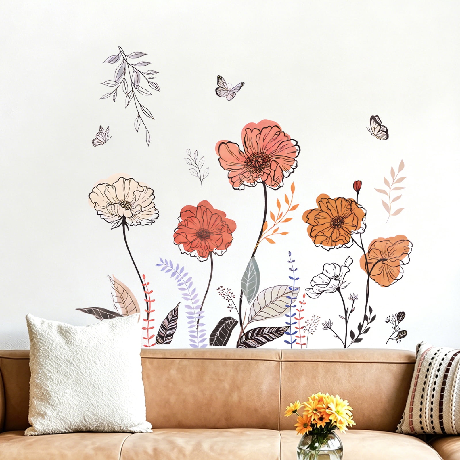 Jimin Boho Wildflower Wall Decals, Peel and Stick Floral Grass Art for Living Room Bedroom (Multicolor, 47.2 in x 15.7 in) 33i7p