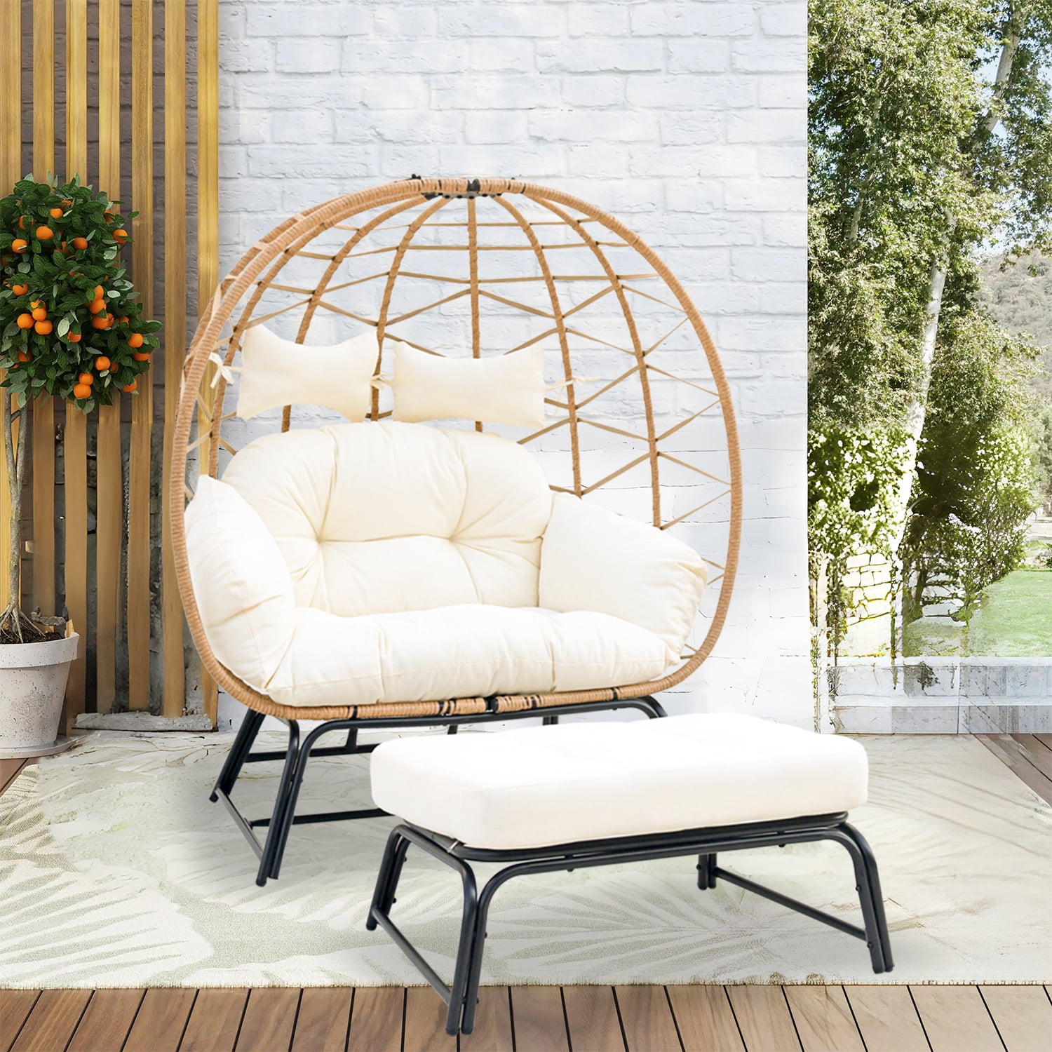 FKS LIFE Egg Basket Chair with Ottoman and Cushion (Yellow, 680 lb Capacity) bjpv7