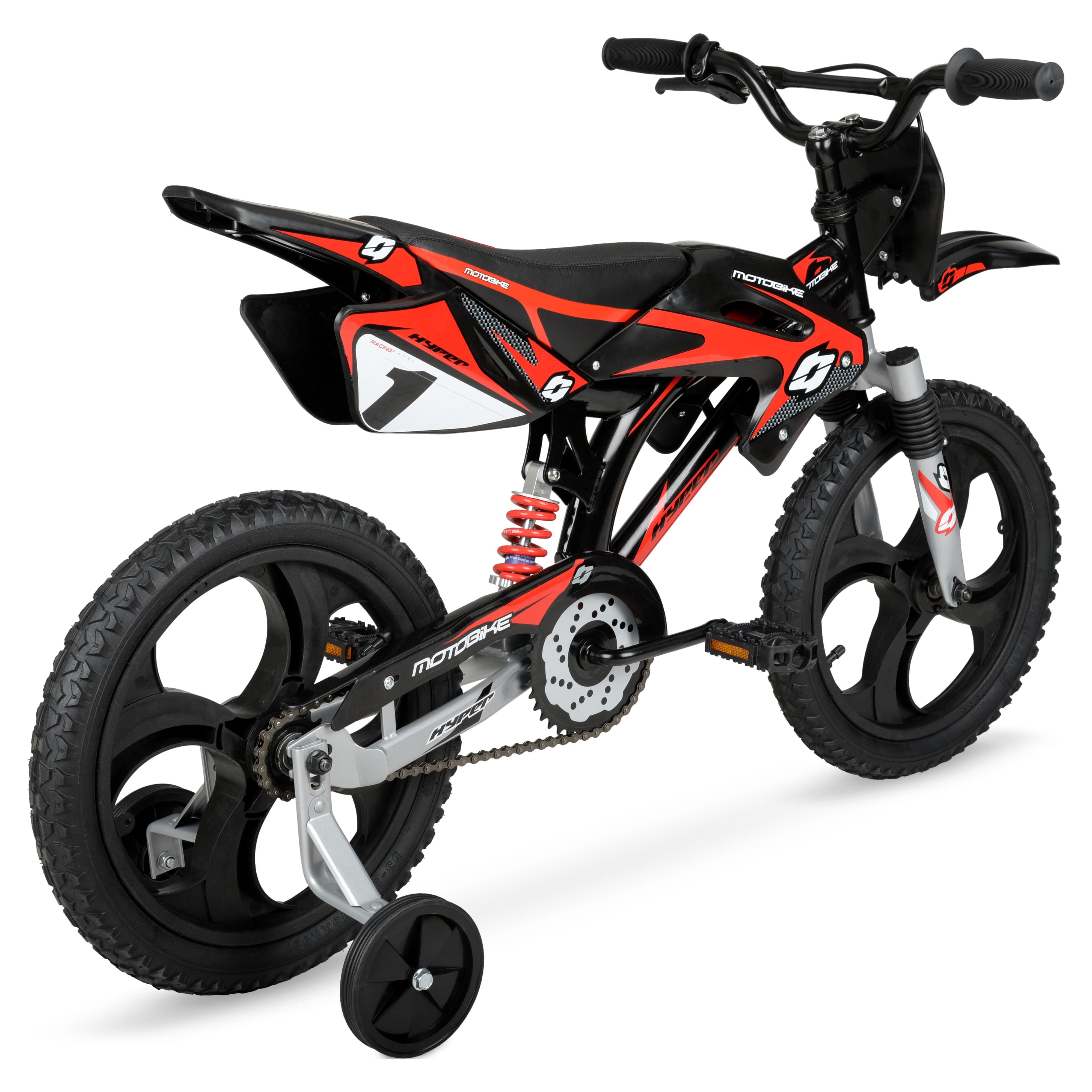 Hyper Bicycles 16 in Moto Bike for Kids, Durable Steel Frame with Training Wheels (Black/Red, 16 in) q75c1