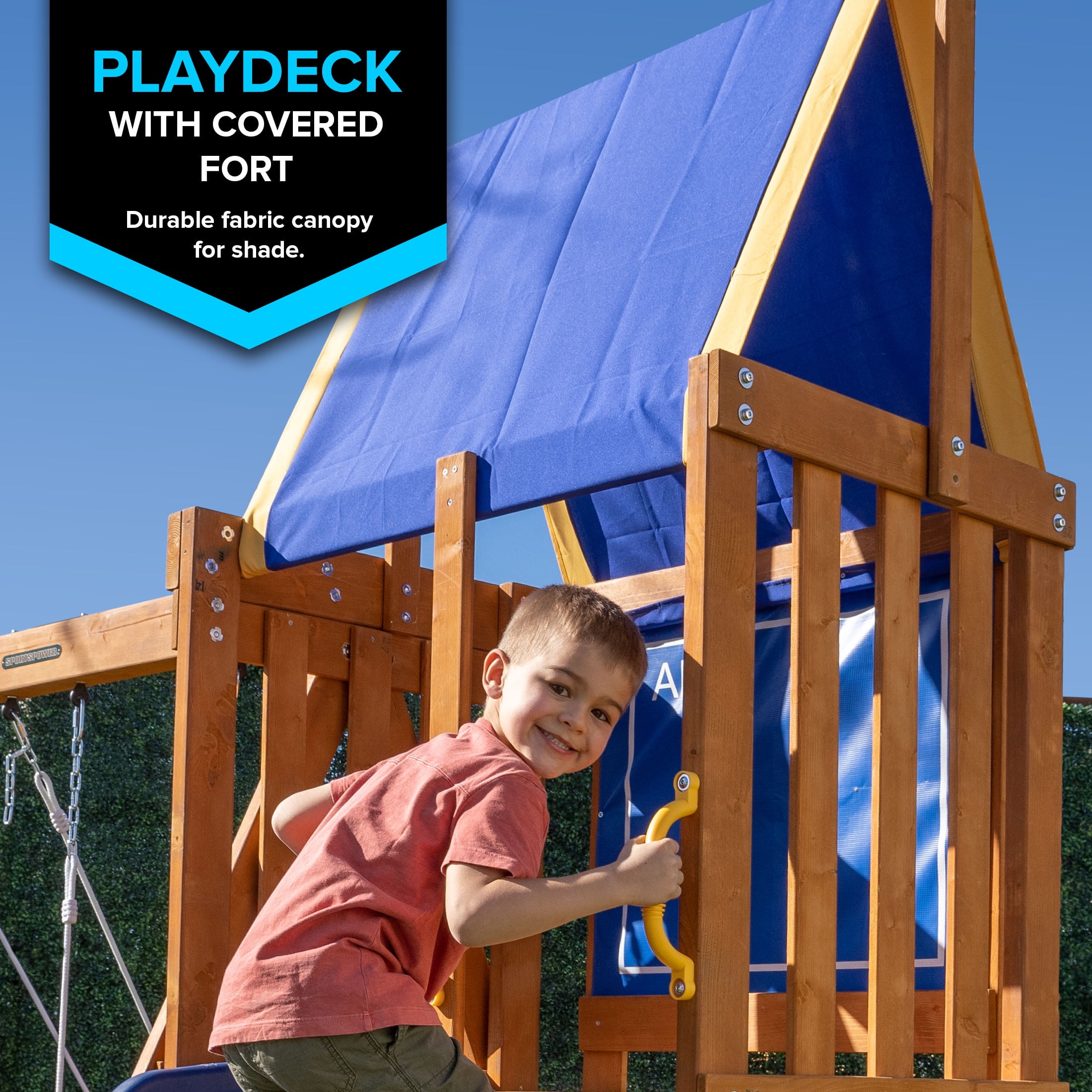 Sportspower North Peak Wooden Swing Set with Slide, Play Fort, Rock Climber & Sandbox (Yellow, 1 Set) 6q85e