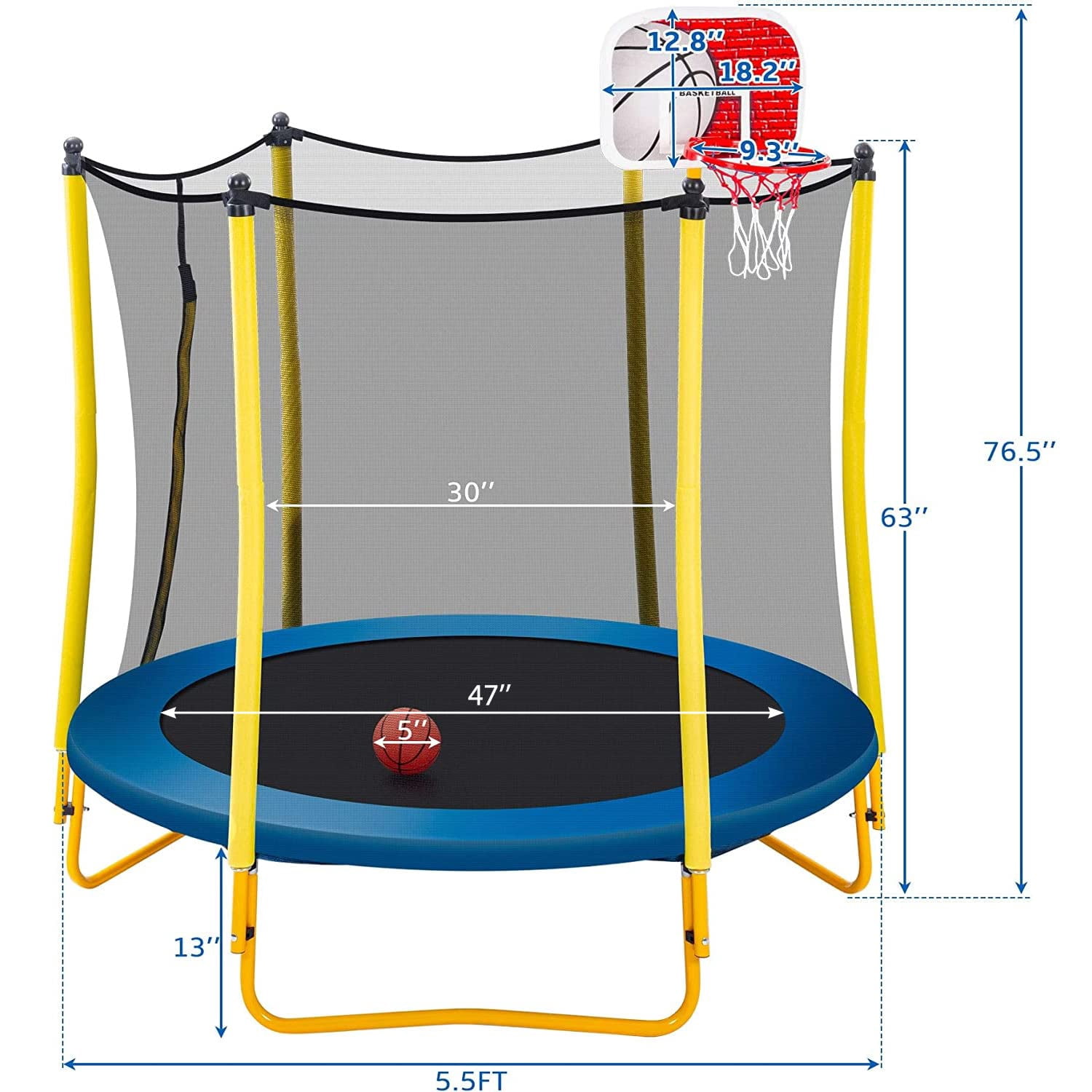 Leuco Kids Trampoline with Basketball Hoop and Safety Net (Yellow, 66 in) hsthk