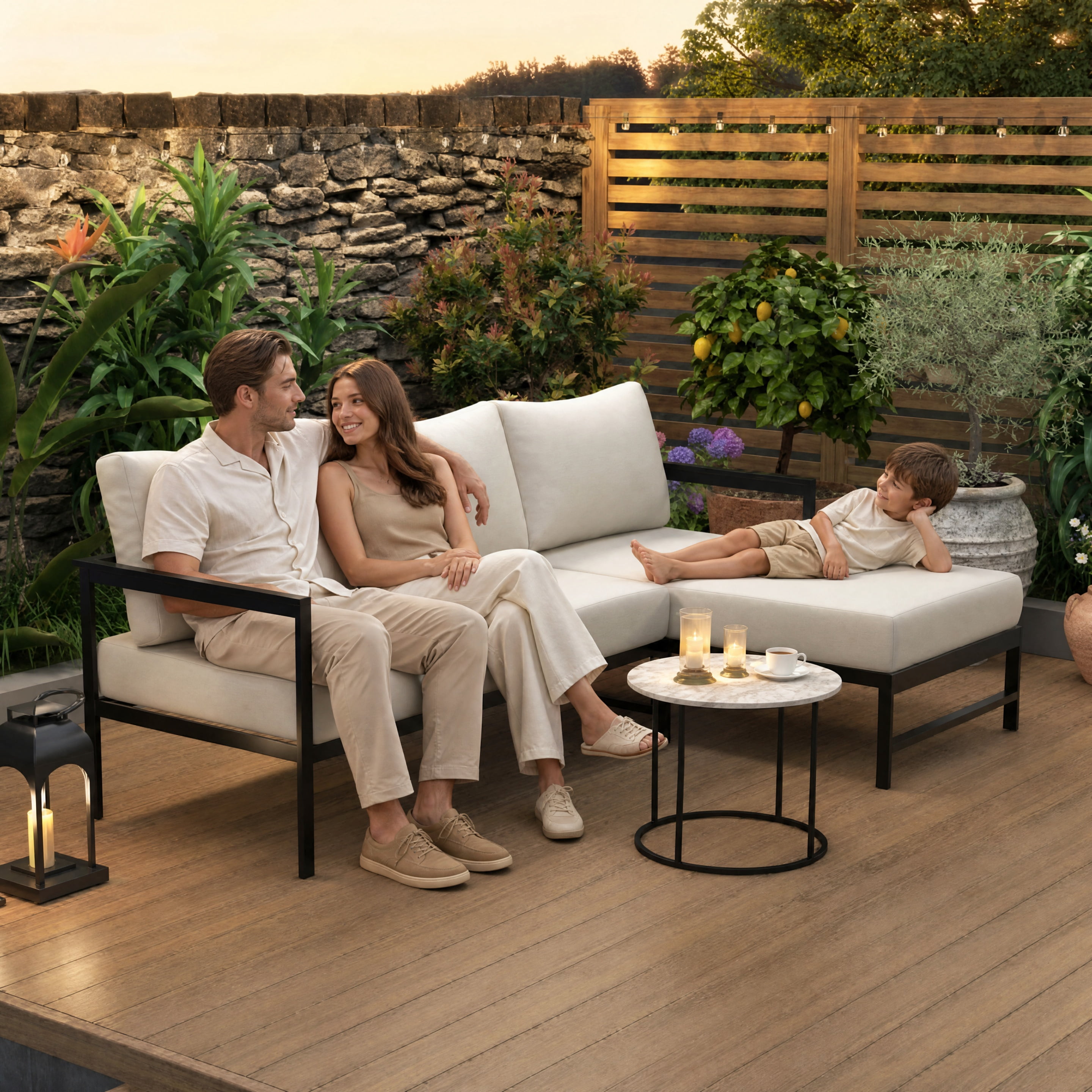 Cozynest L-Shaped Outdoor Patio Sofa Set, Weather-Resistant Iron Frame Sectional Couch with 5.9 in Thick Cushions (Beige, 3-Seat) 67d8m