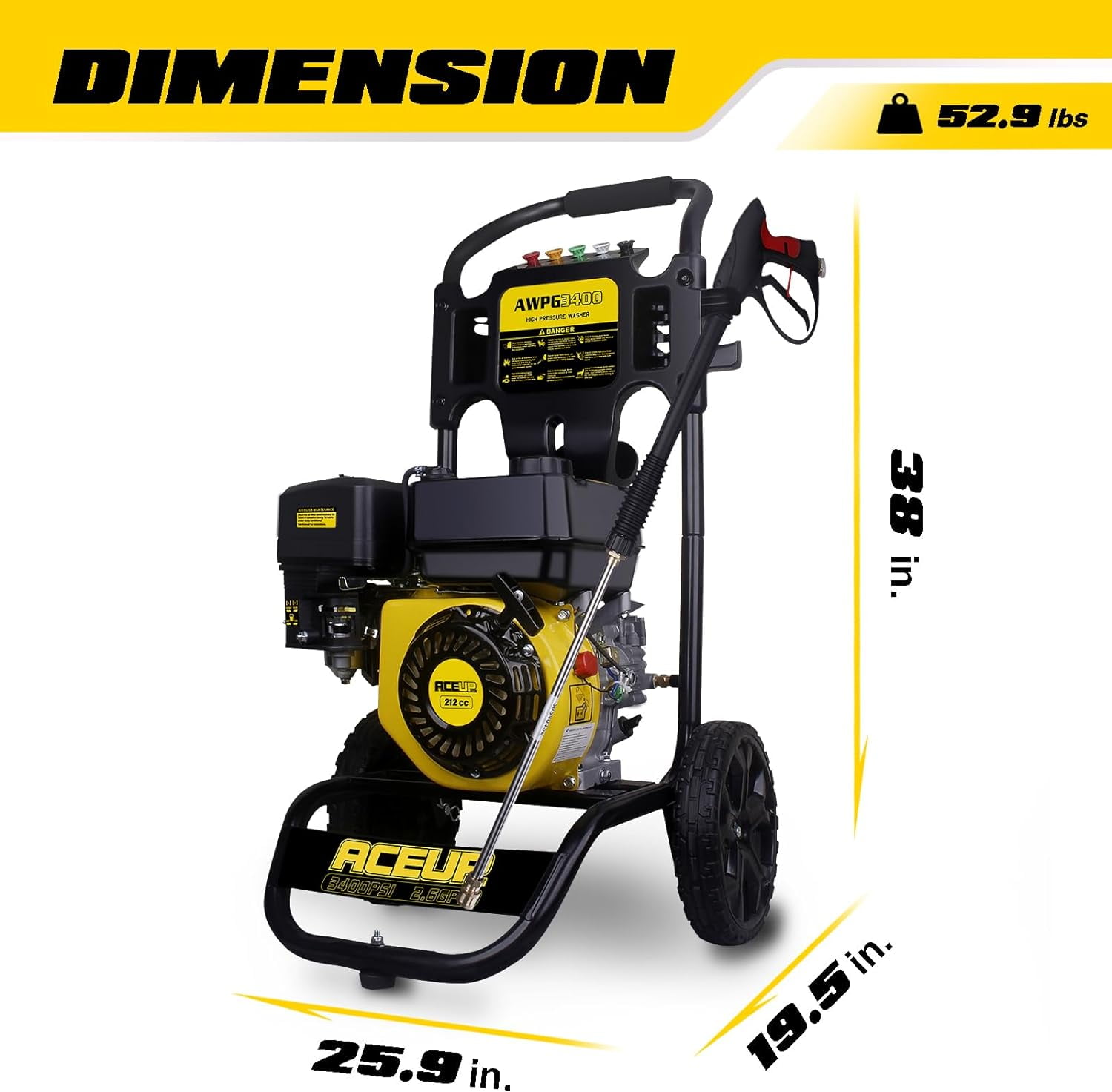Aceup Energy 3400 PSI 2.6 GPM 212cc Gas Powered Pressure Washer (Black, 24.5 ft Hose) hrbpf