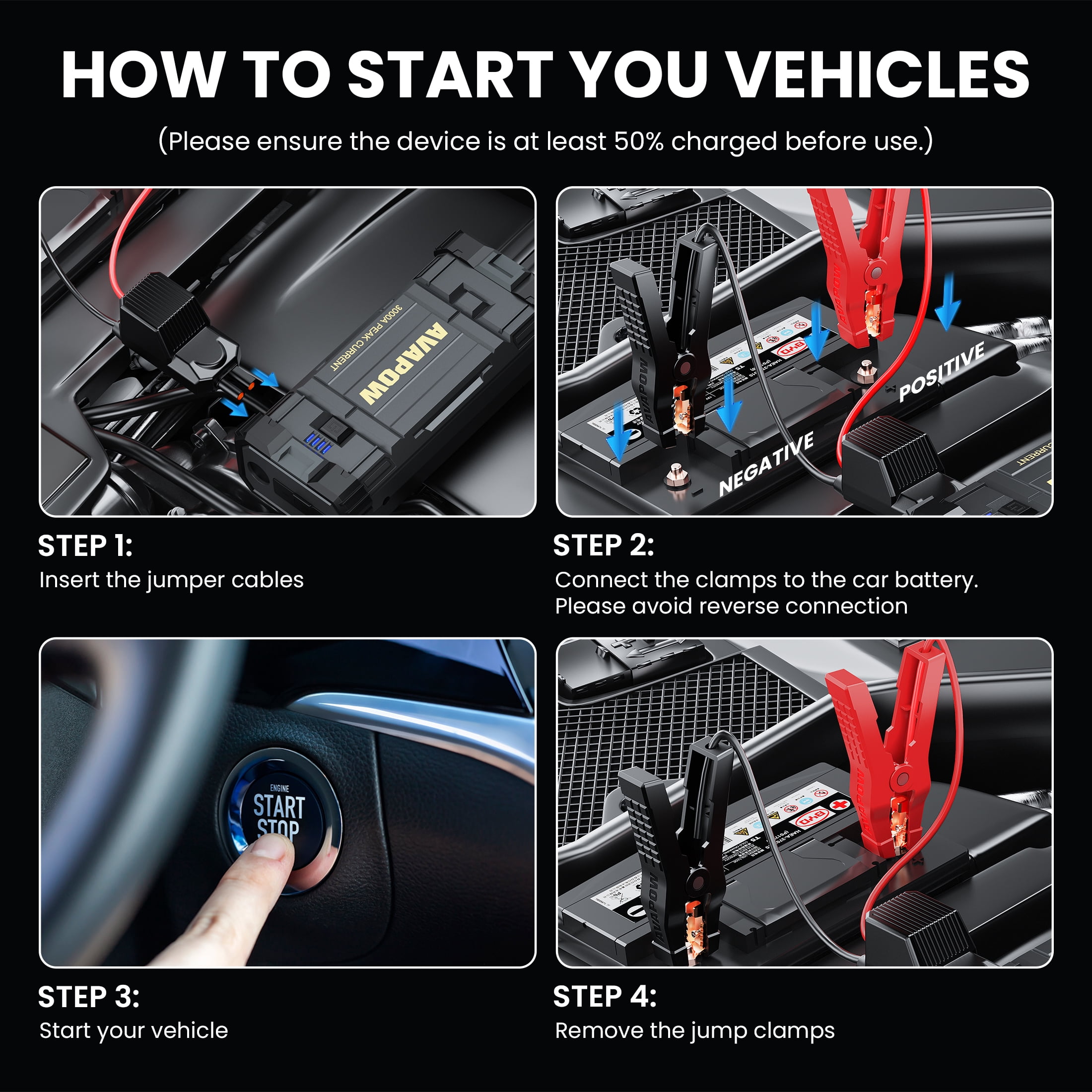AVAPOW Car Jump Starter 3000A Peak Portable Battery Booster (23800mAh, 12V) u6wd1