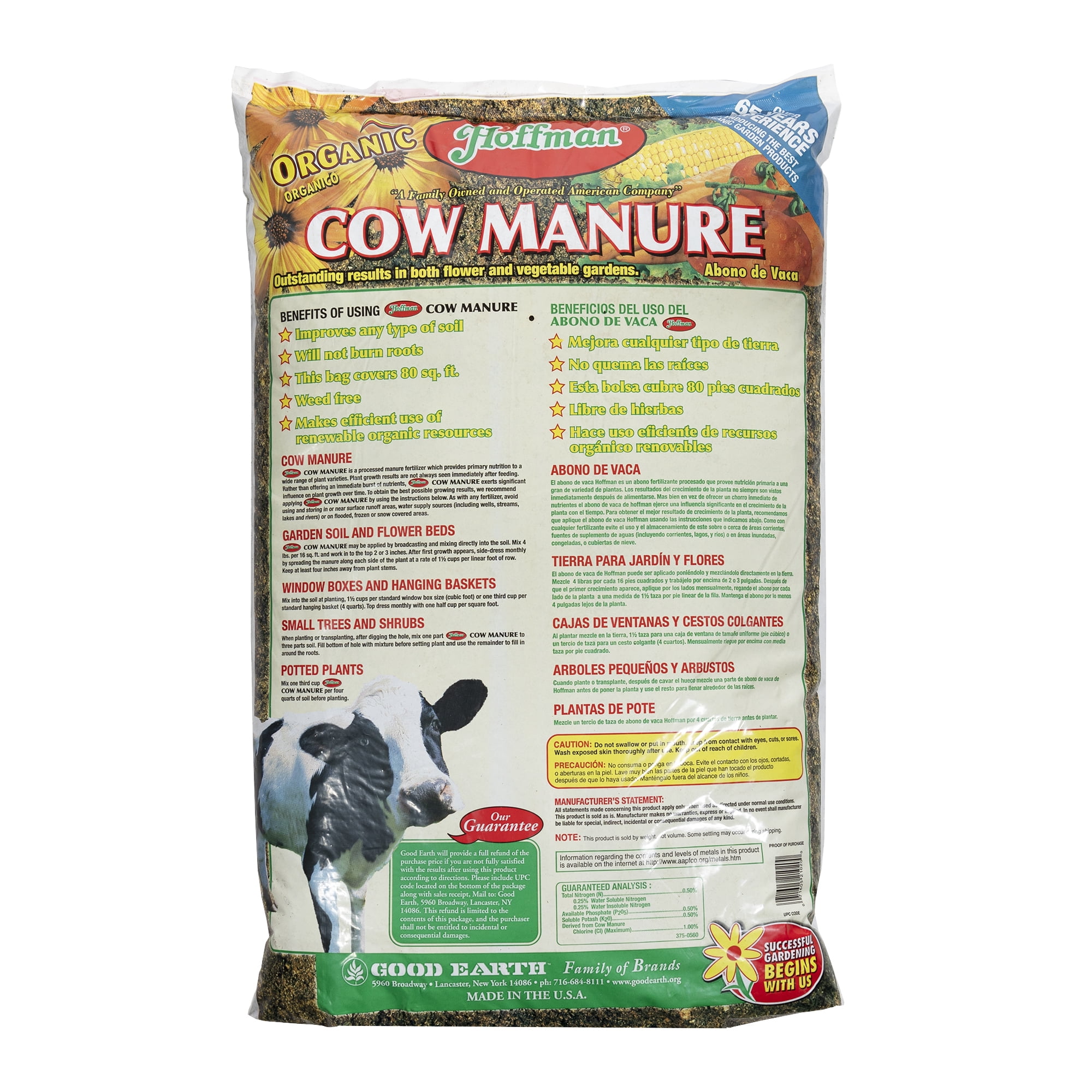 Hoffman Organic Cow Manure Garden Fertilizer for Vegetables and Flowers (1-1-1 Formulation, 20 lb) wsq4v