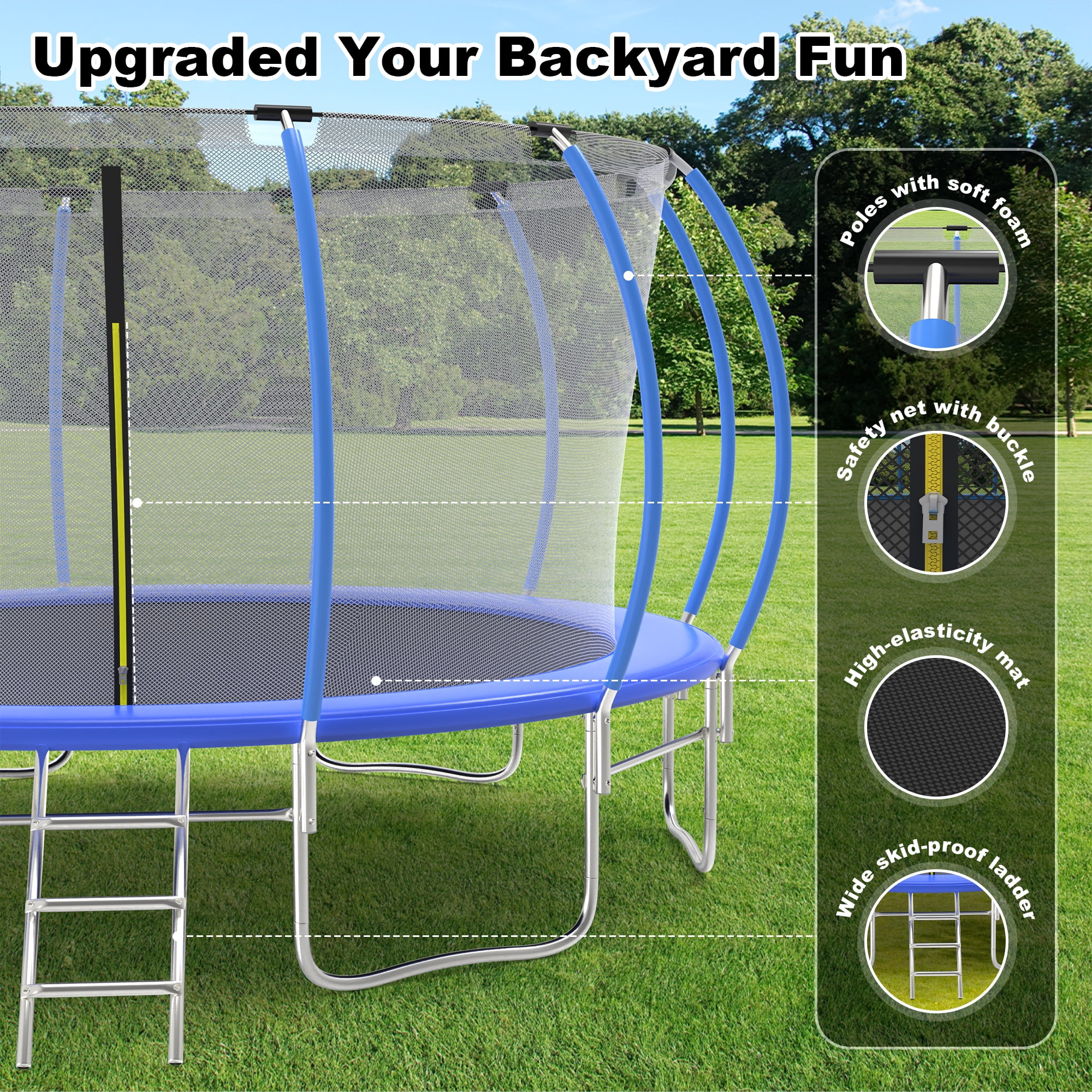 Ovatoys 16 ft Recreational Trampoline with Safety Enclosure and Ladder (Blue, 1600 lb Capacity) 1tcat