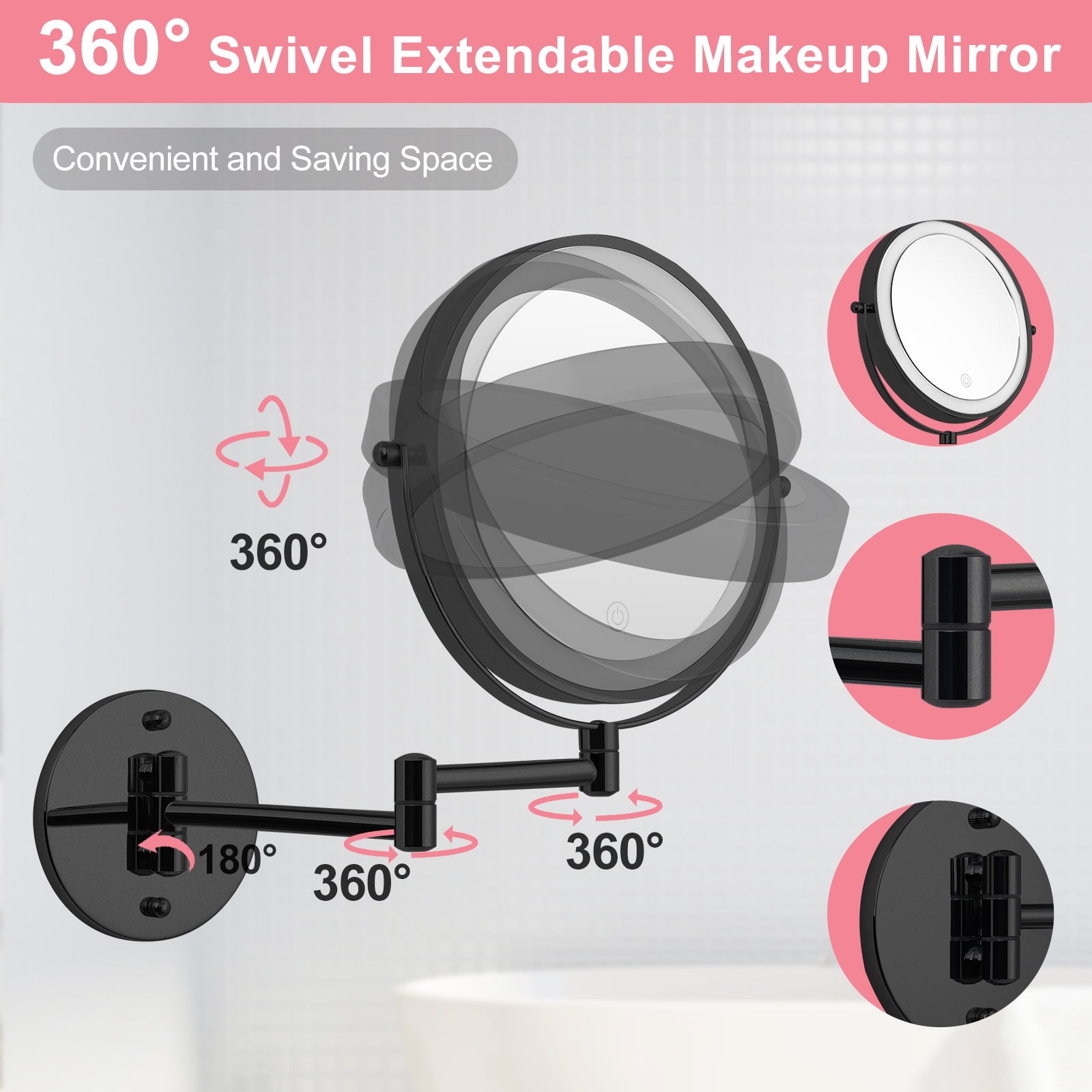 Umirokin Rechargeable Wall Mounted LED Makeup Mirror (Black, 8 in) 1X/10X Magnification Dimmable Vanity Mirror ghr2h