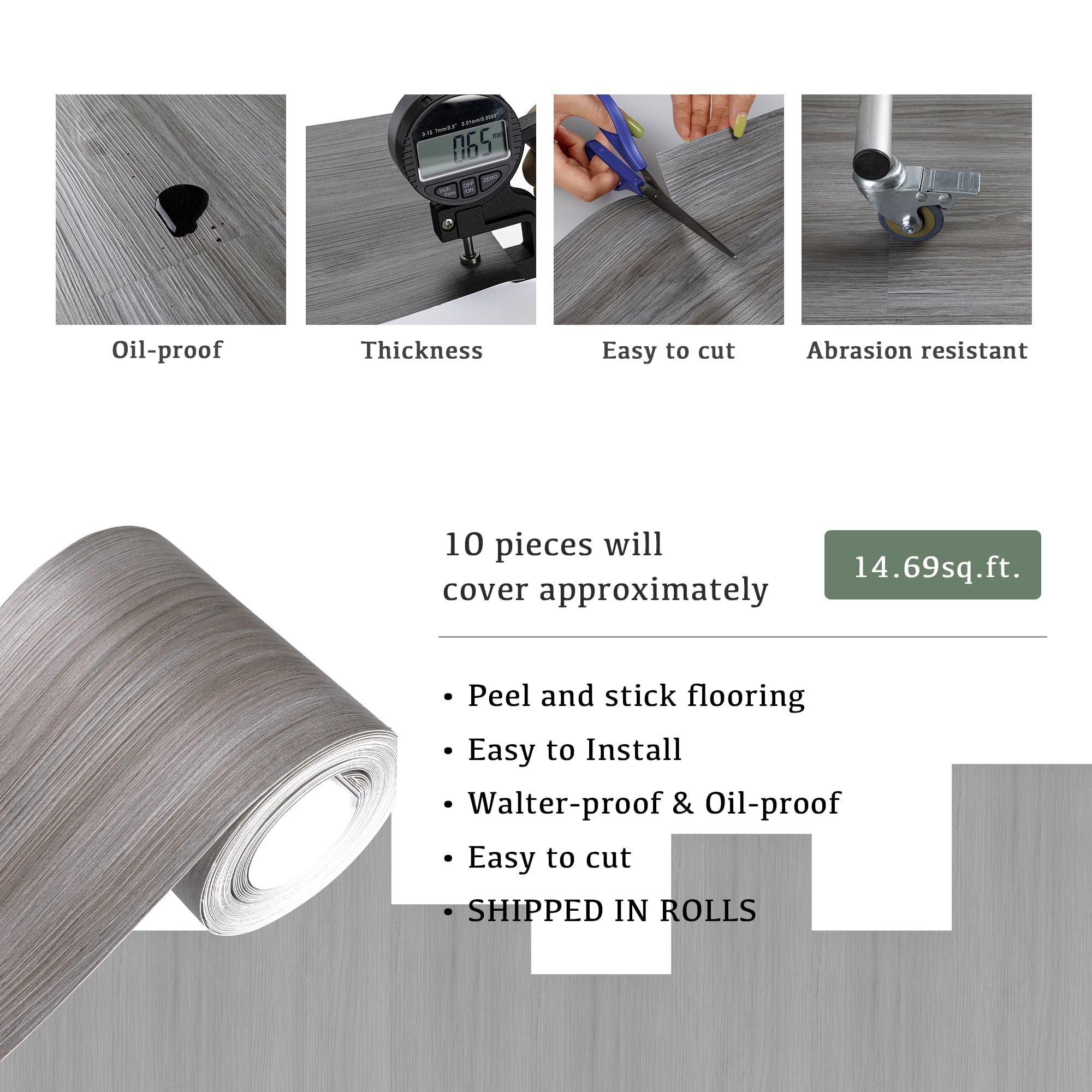 UMIGGEE Peel and Stick Vinyl Flooring Wood Look Tiles (Grey, 10 Pieces/Pack, 36 in x 6 in) 0rg86