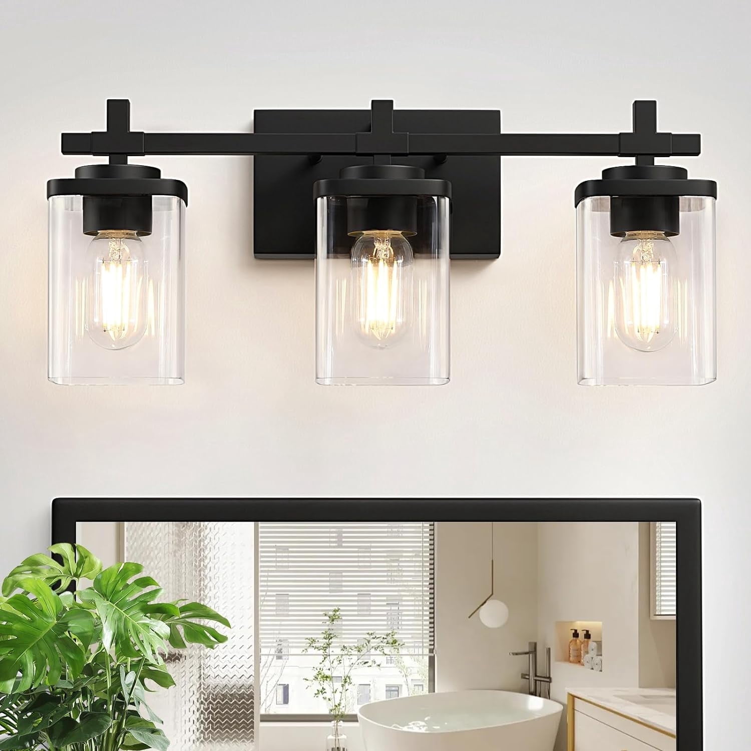Pynsseu 24 in 3-Light Bathroom Vanity Light Fixture, Matte Black Wall Sconce with Clear Glass Shades 3t5dh