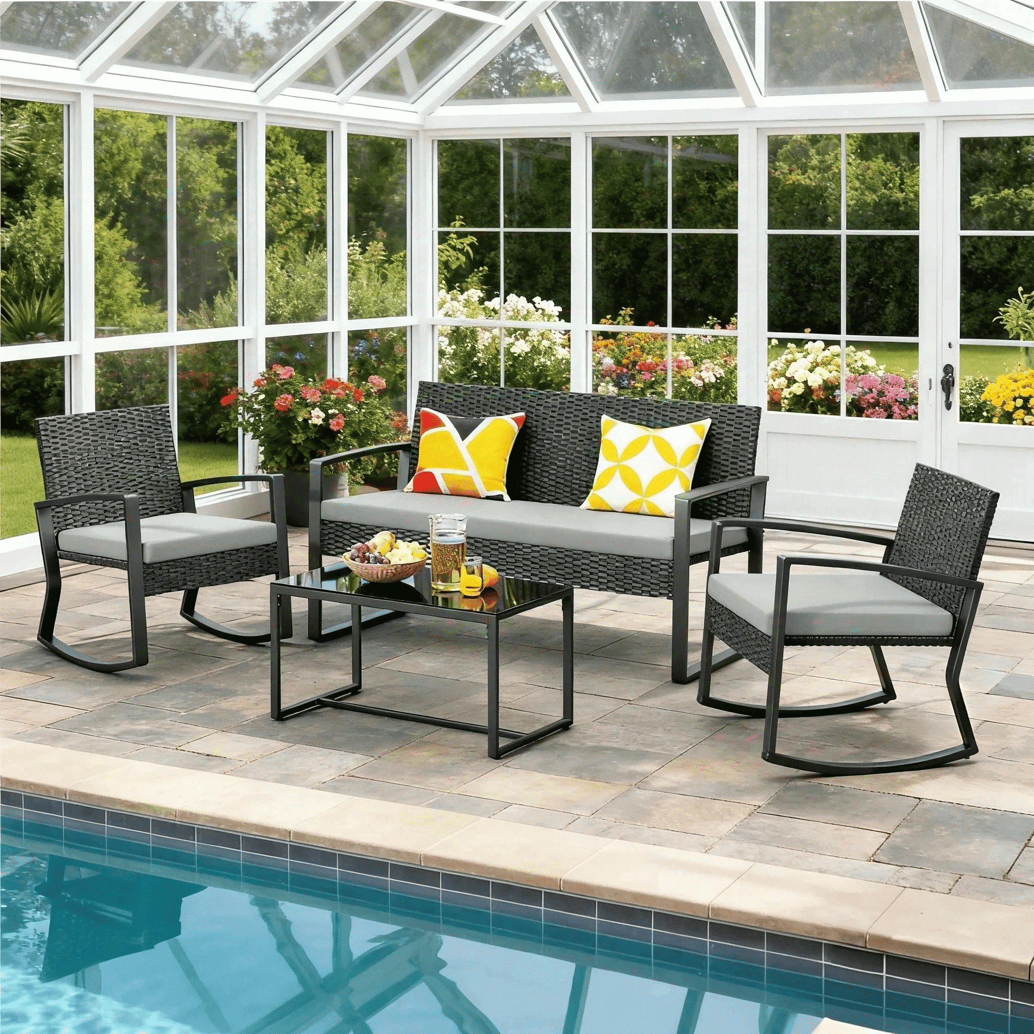 Lofka Outdoor Patio Furniture Set with Wicker Chairs and Tempered Glass Table (Gray, 4-Piece Set) 3vui5