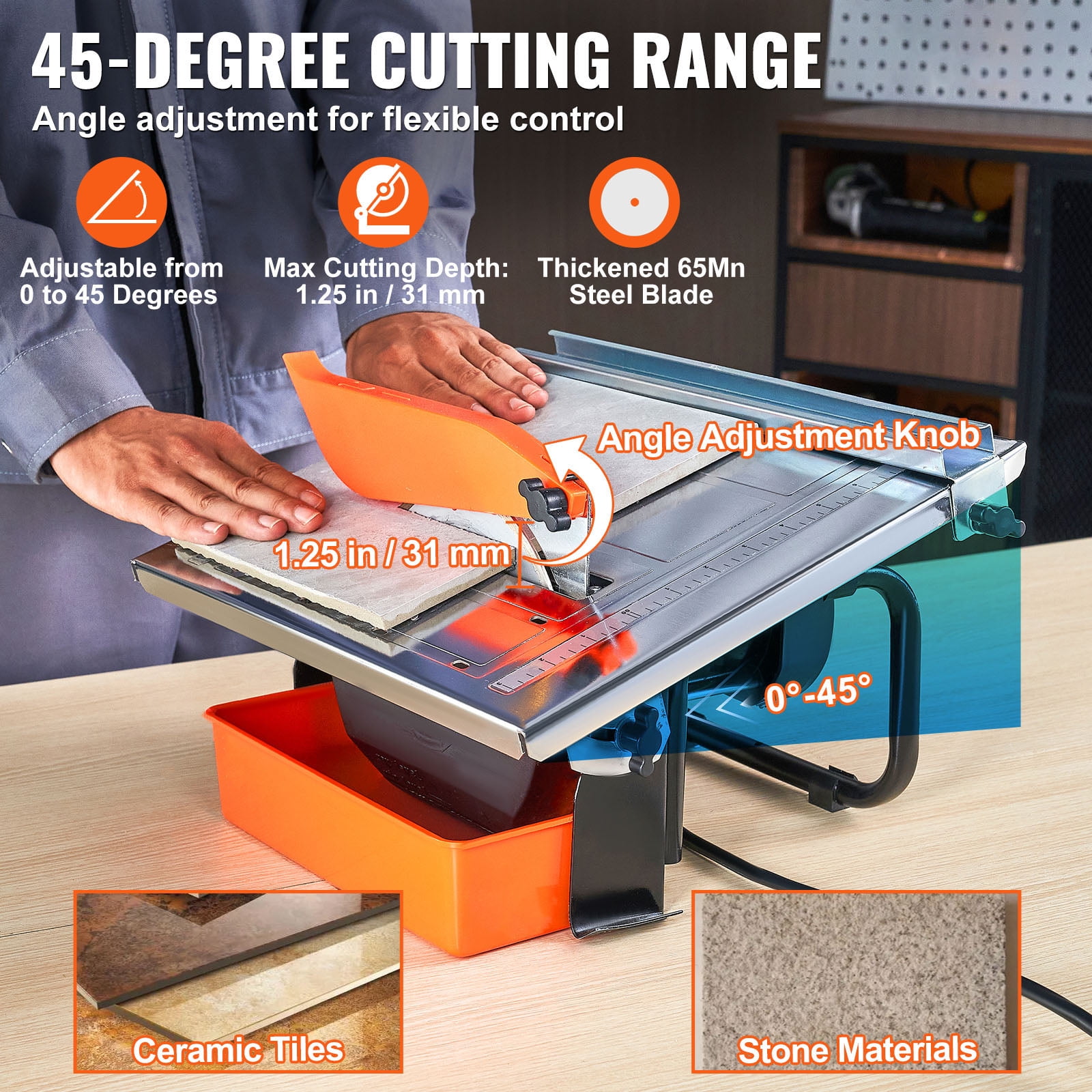 KFFKFF Wet Tile Saw, 7-inch Steel Blade, 3500 RPM Induction Motor, 0-45 Degree Miter Cut, Galvanized Surface (Black, 1.25 in Depth) jv0bm