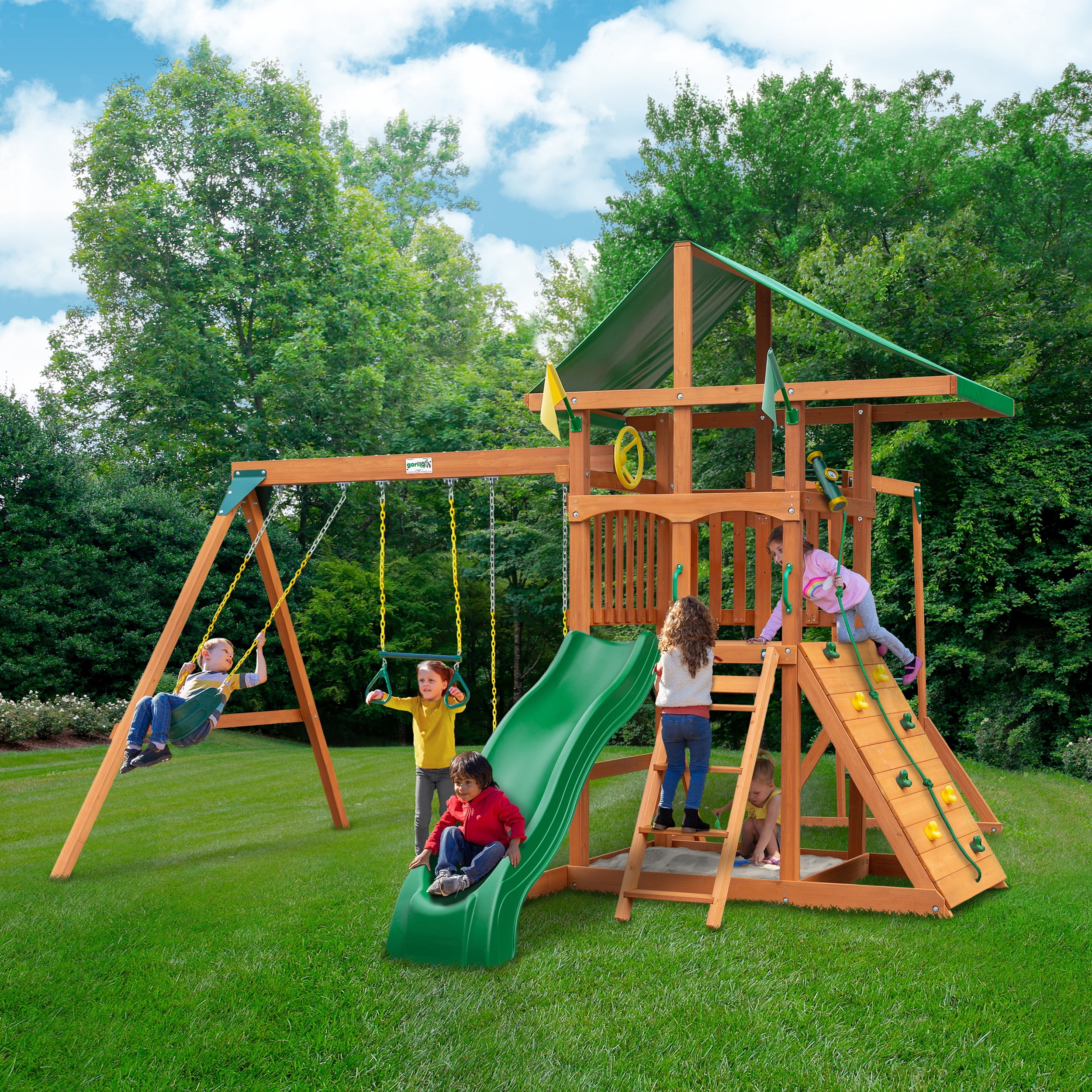Gorilla Playsets Avalon Swing Set with Vinyl Canopy, Monkey Bars, Climbing Wall and Wave Slide (Amber, 800 lb Capacity) 1pj45