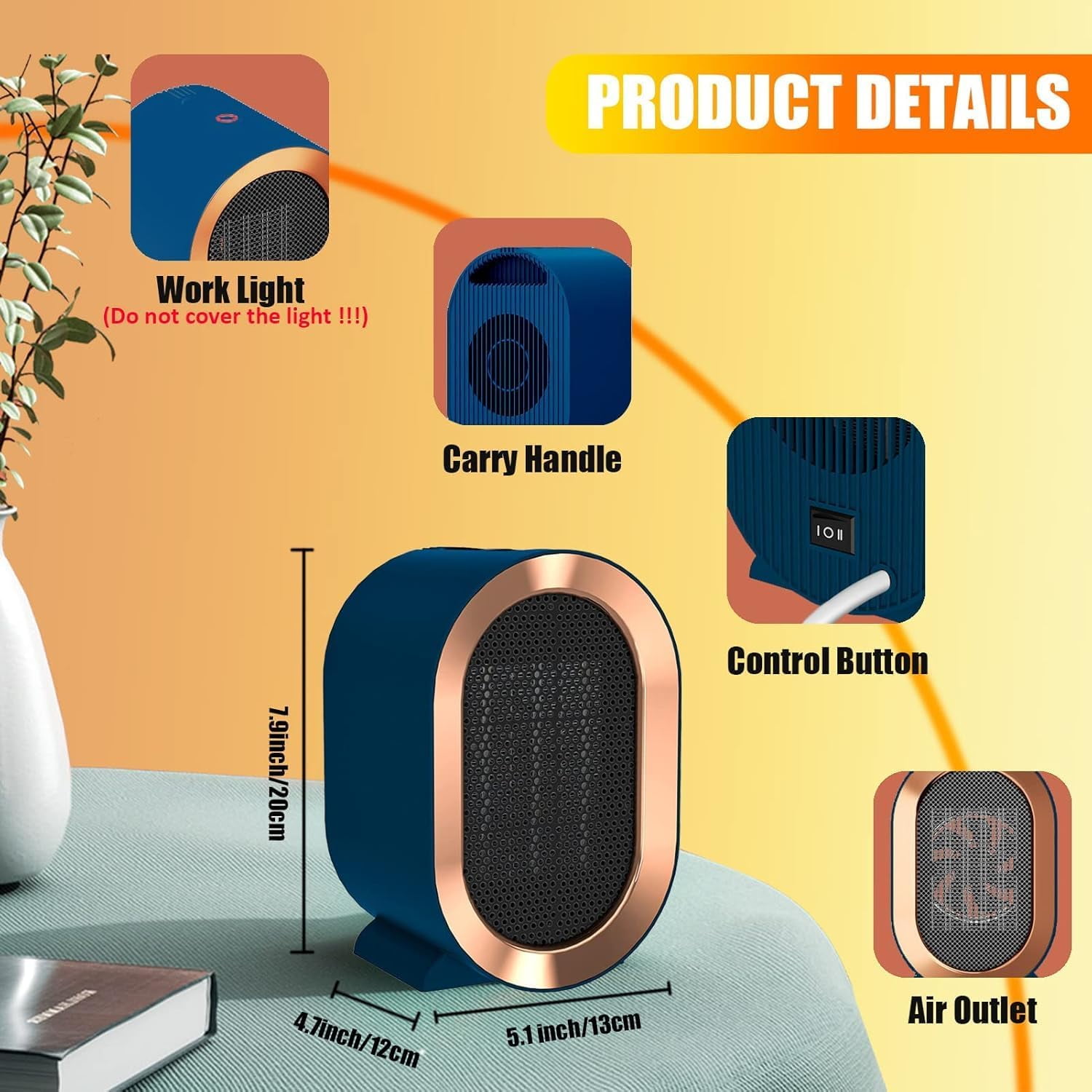 OhhGo Portable PTC Ceramic Space Heater for Indoor Use, Quiet Desktop Heater with Overheat & Tip-Over Protection (Blue, 1200W) u6jld