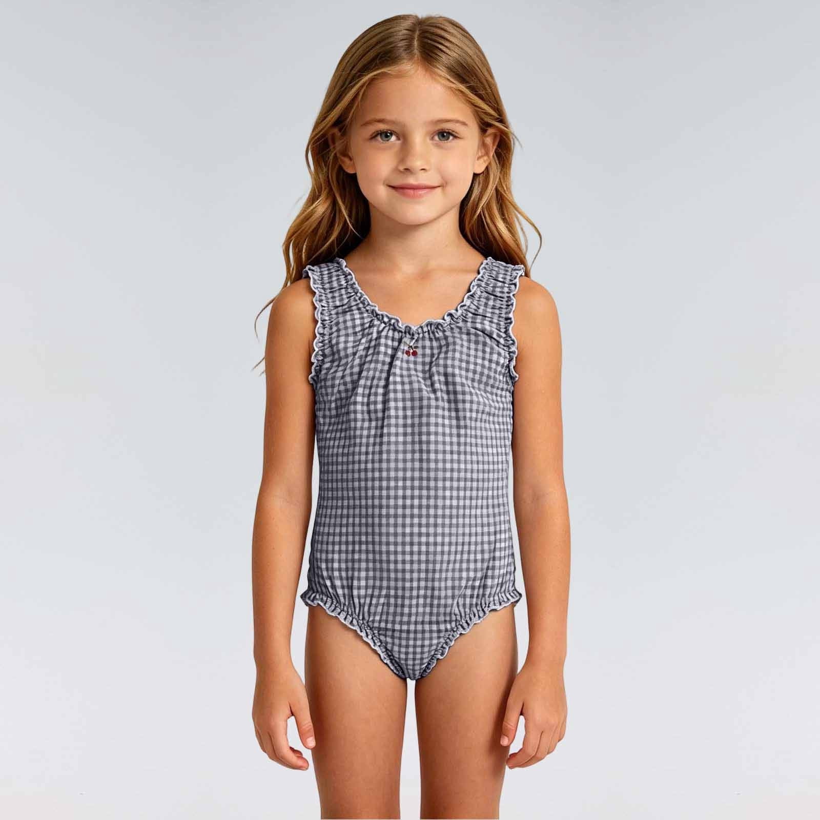 Hihipz Infant Girl One Piece Swimsuit Gingham Print Ruffle Trim Bathing Suit (Blue, 12-18 Months) xh6o5