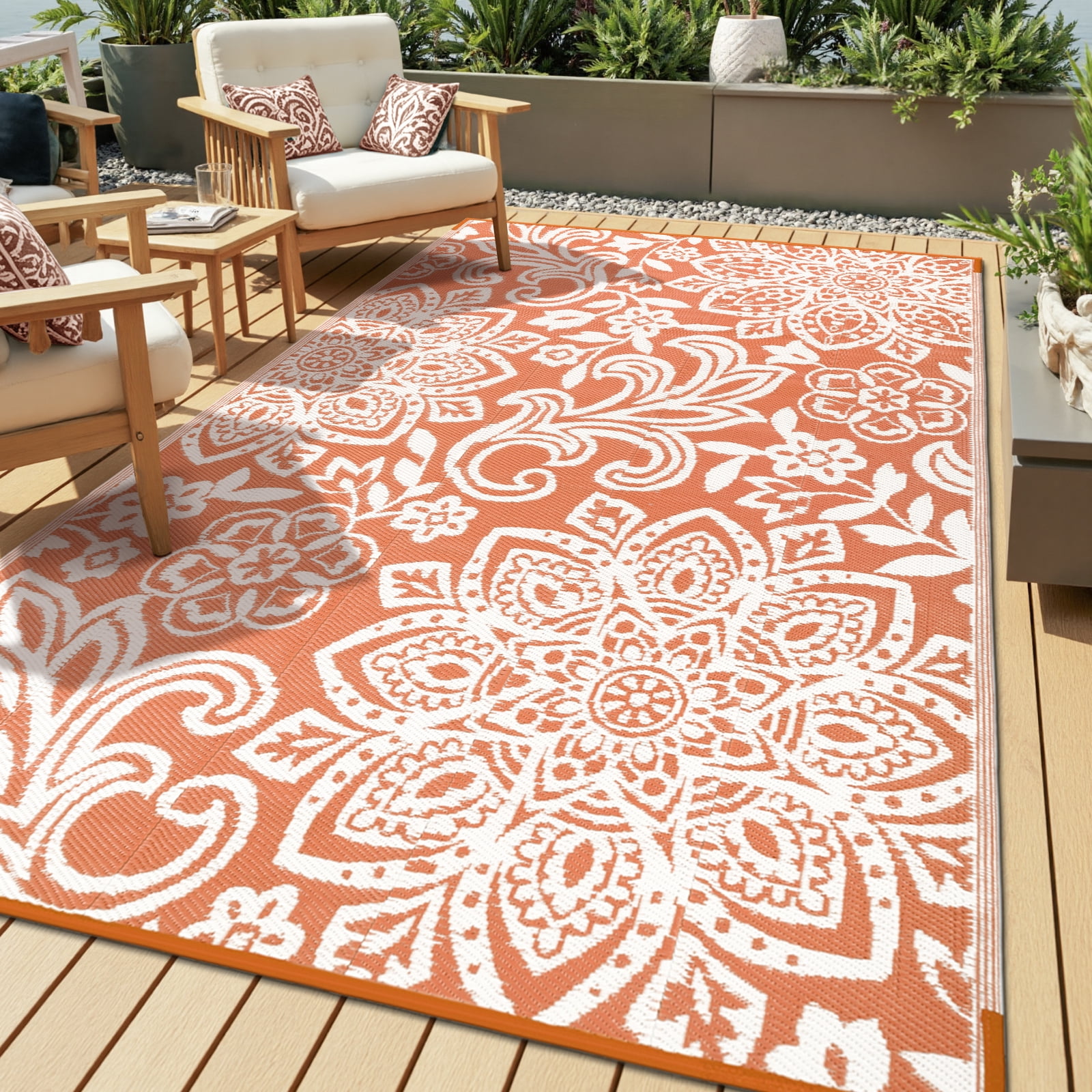 MJIAexp Reversible Outdoor Rug, Waterproof Plastic Straw Patio Mat for Camping, Deck, and Beach (Orange, 6 ft x 9 ft) 864rj