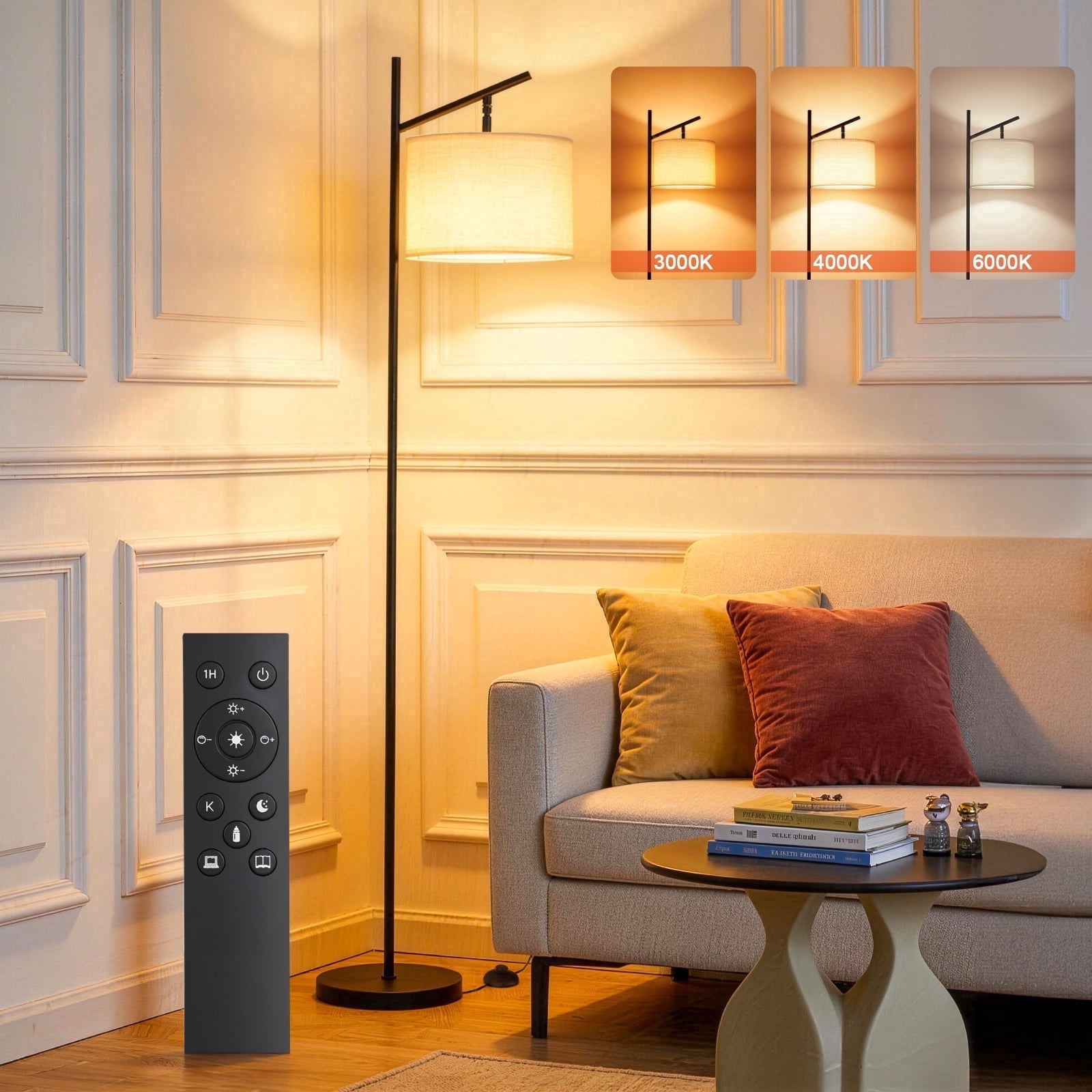 LZNIOZ Modern LED Floor Lamp with Remote Control, Dimmable Standing Light with Fabric Drum Shade (Black, 64 in) at4bc