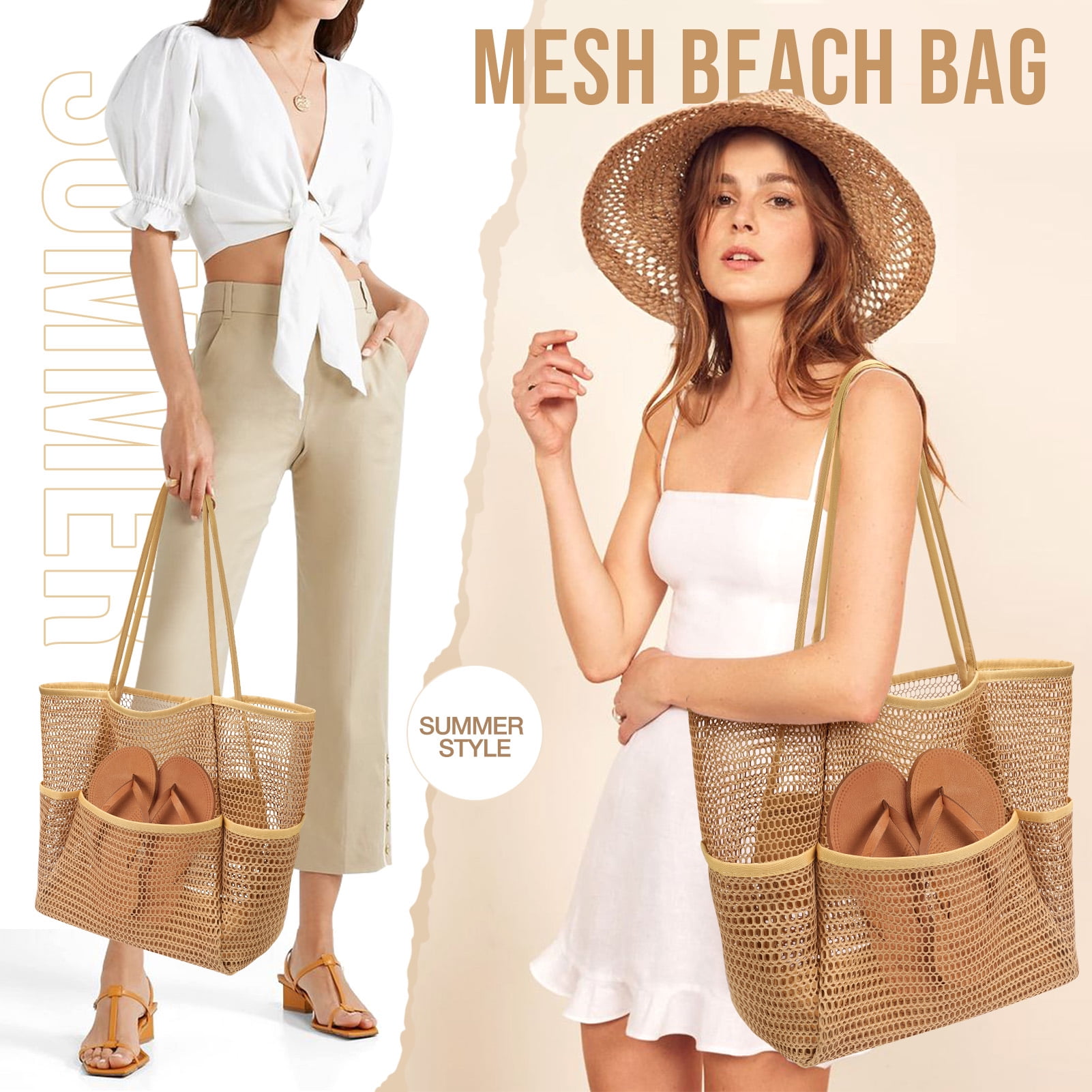 Gocvo Mesh Beach Bag for Women, Large Foldable Swim Tote with Pockets (Beige, 17 x 6.2 x 14 in) k1fg4 - Image 7