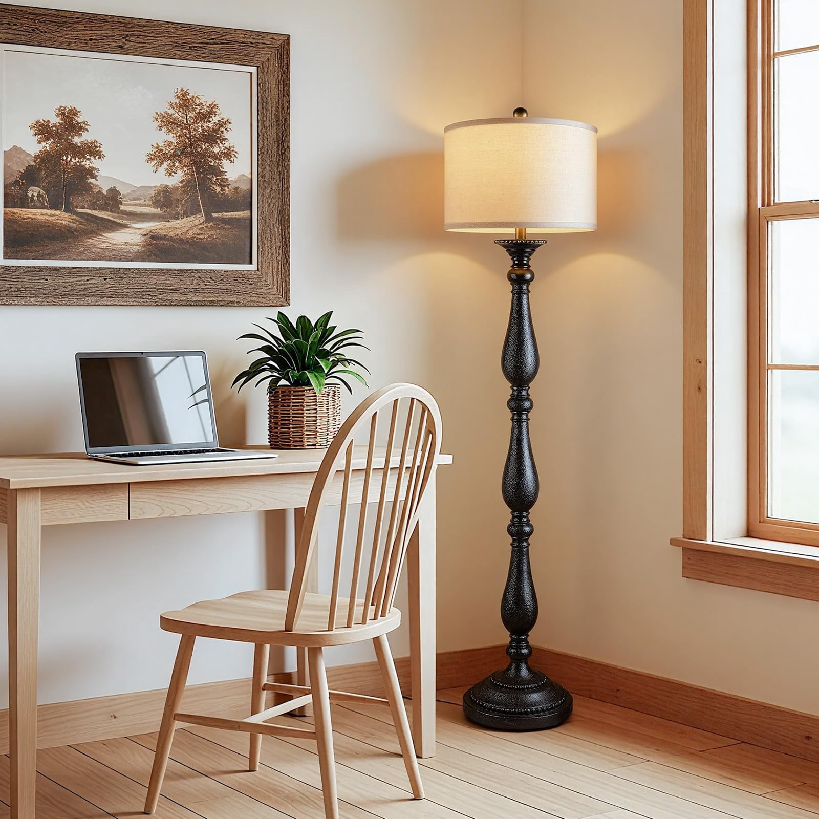 Lumina Decor Vintage Floor Lamp Rustic Farmhouse Standing Light with Linen Shade (Black, 60 in) uay29